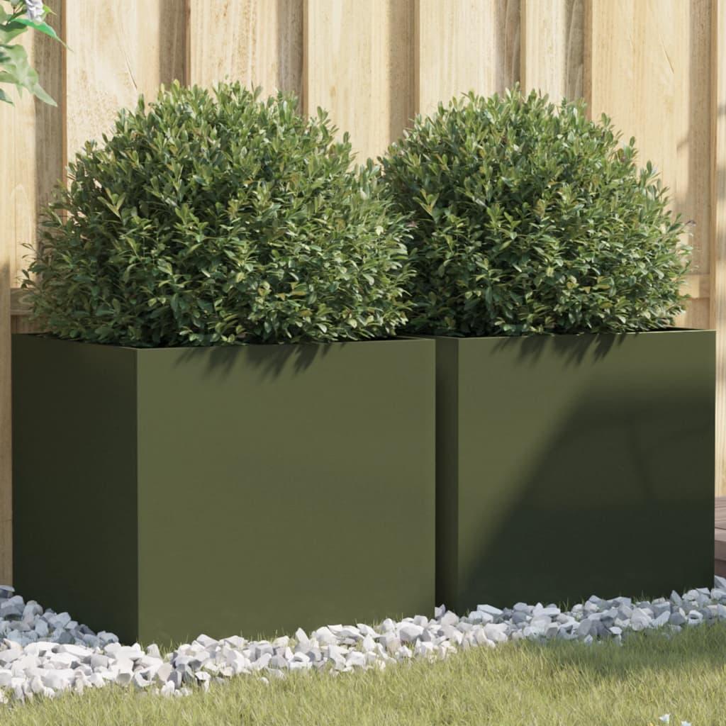 Plantekasser 2 stk. 49x47x46 cm koldvalset stål olivengrøn