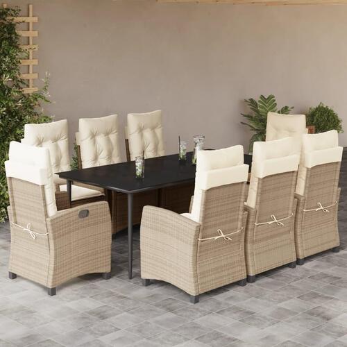 Spisebordssæt til haven 9 dele med hynder polyrattan beige