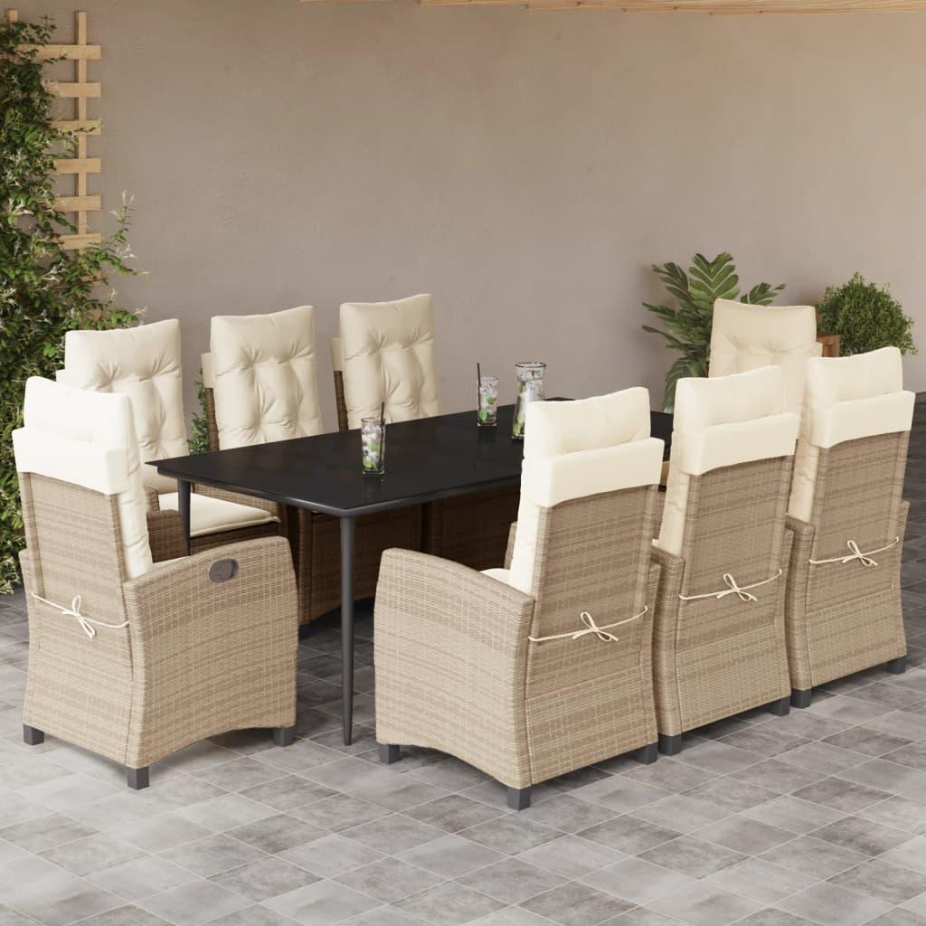 Spisebordssæt til haven 9 dele med hynder polyrattan beige