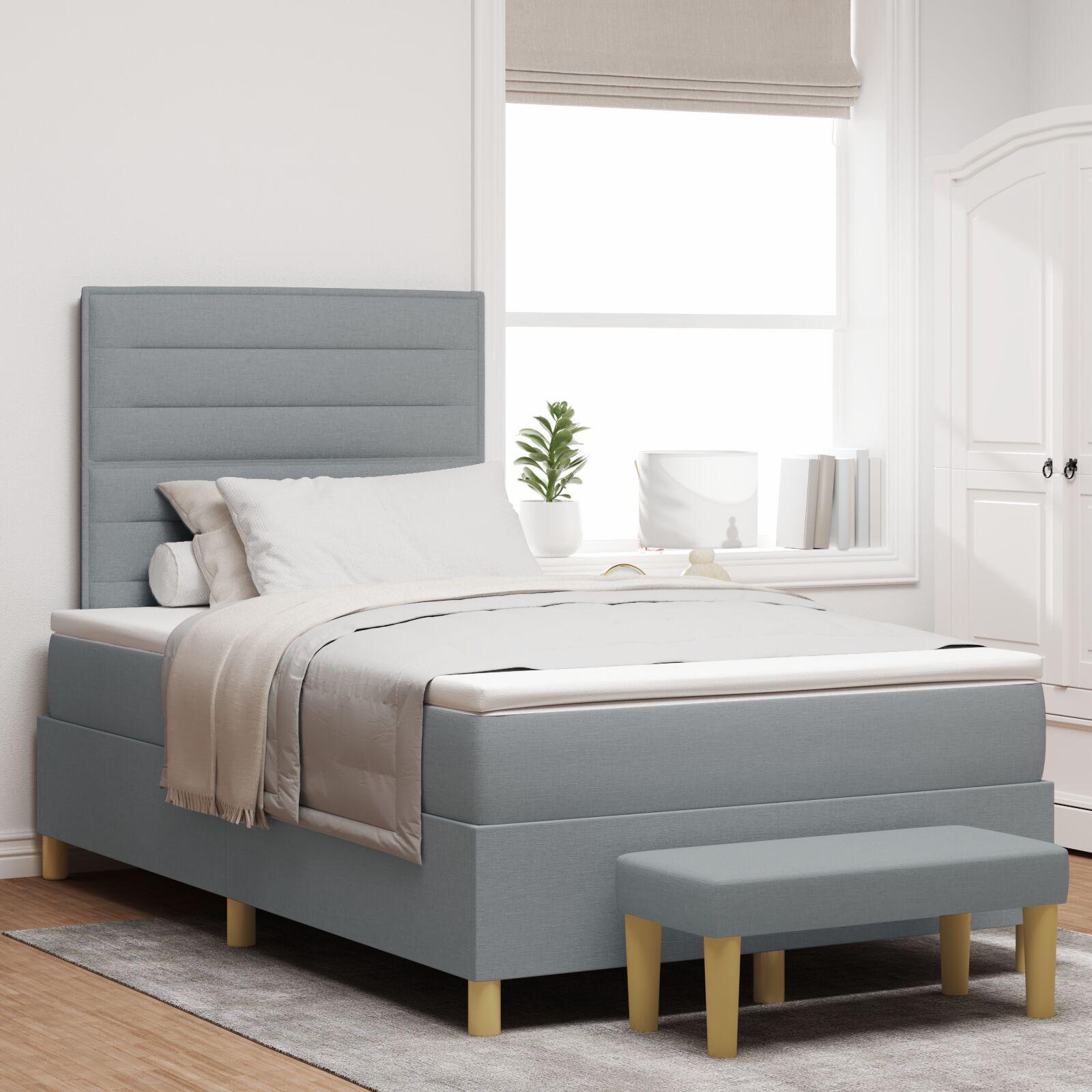 Box Spring Seng med Madras & Bænk Lysegrå 120x190 cm Stof