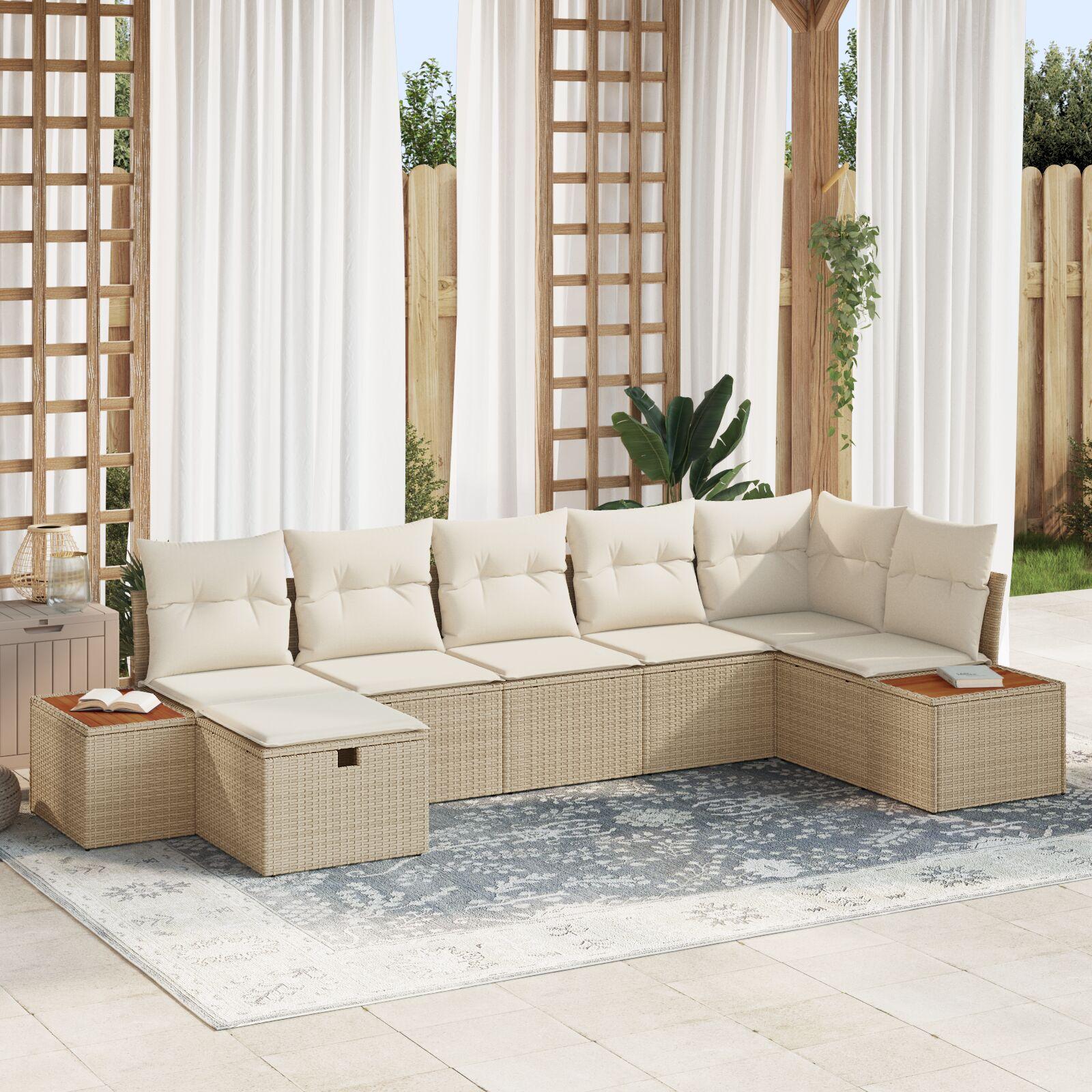 7 Stykker Have Sofa Sæt med Puder Beige Poly Rattan