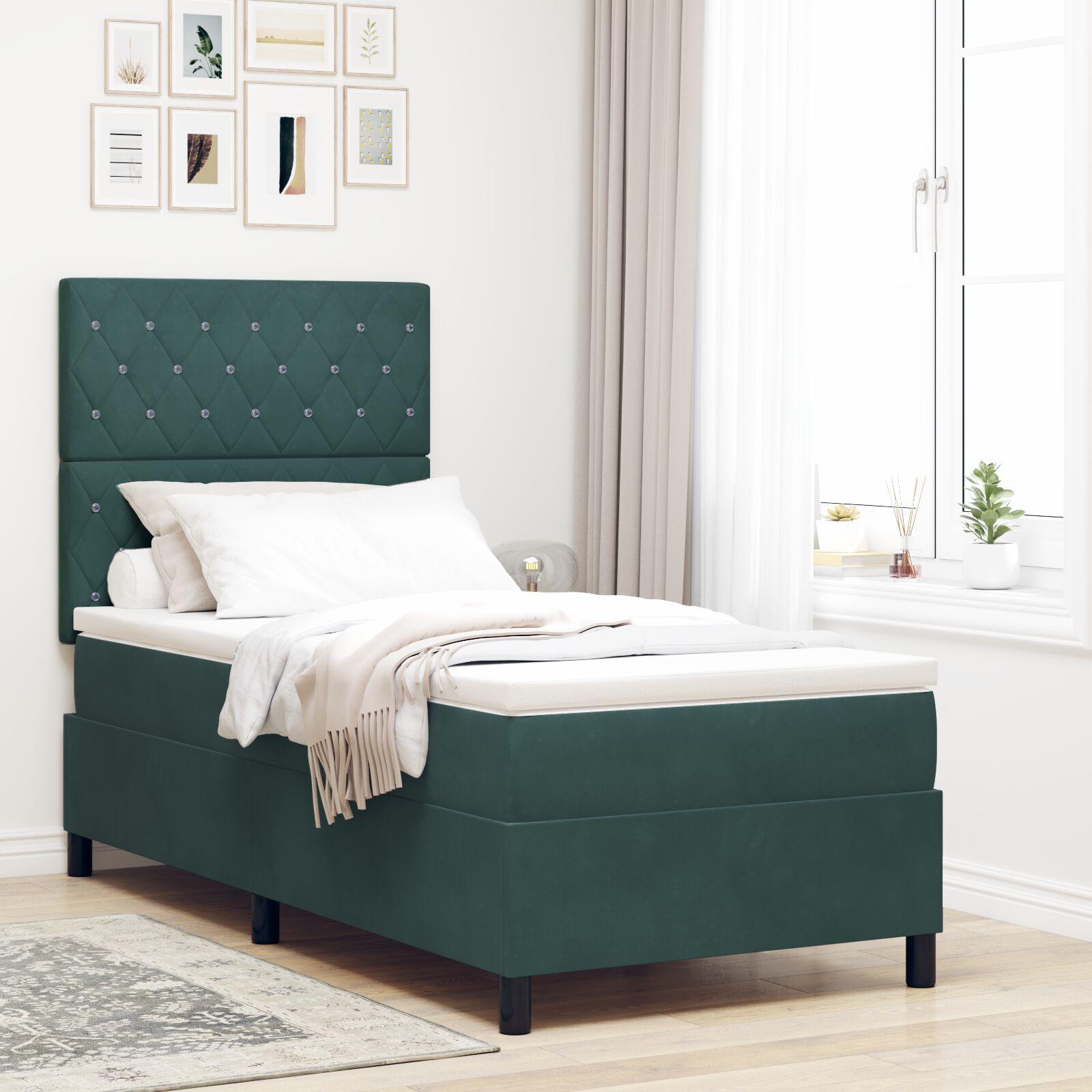 Boxspring Seng med Madras Mørkegrøn Enkel Fløjl