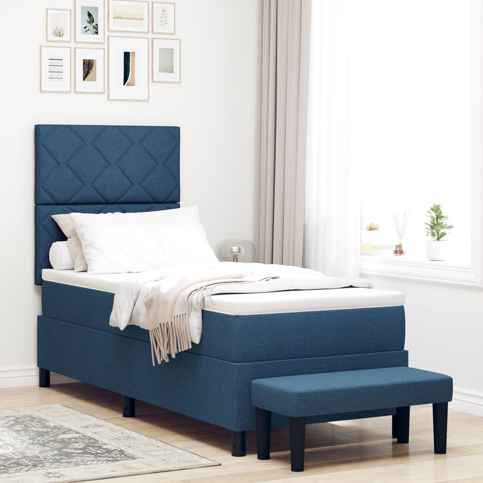Box Spring Seng med Madras & Bænk Blå 80x200 cm Stof