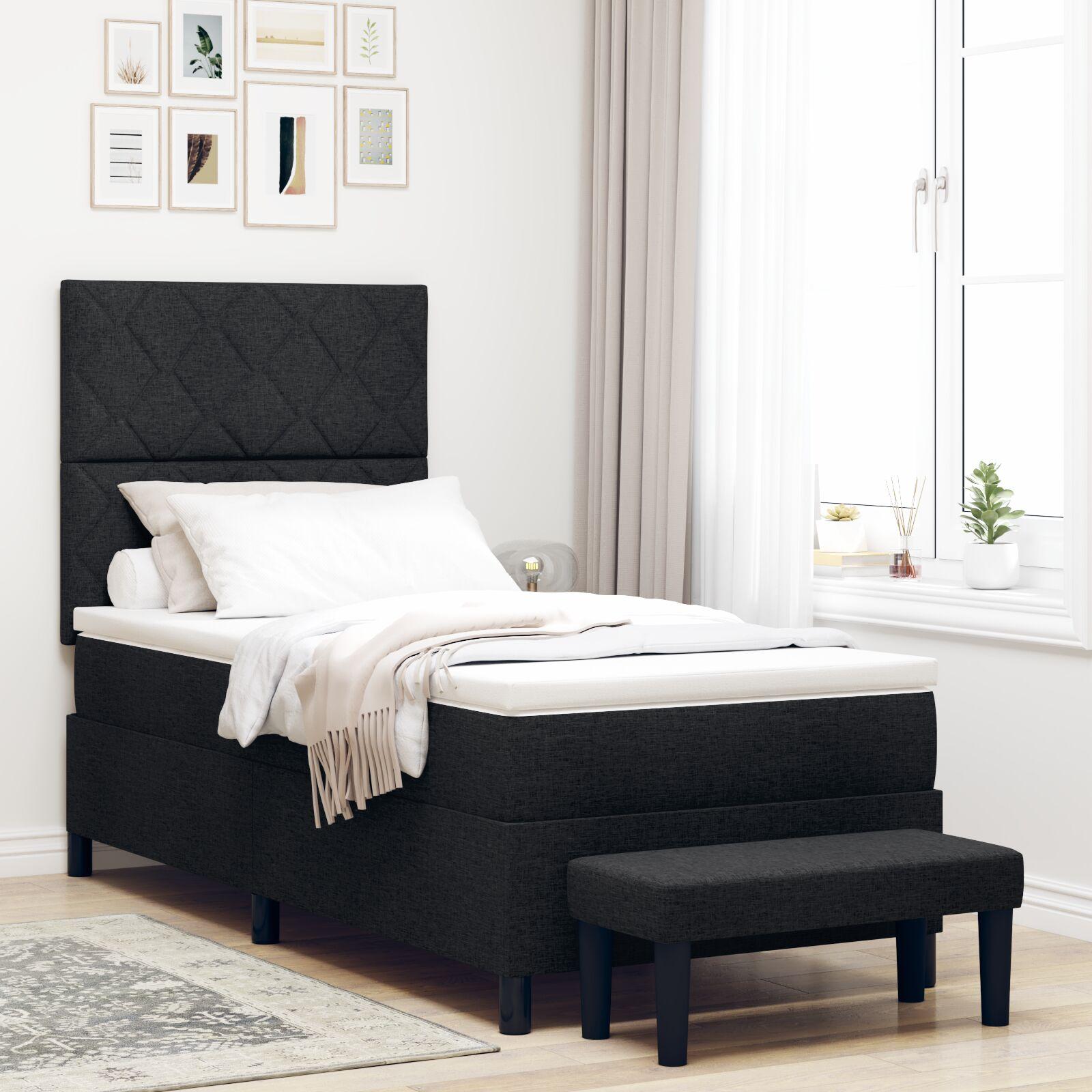 Box Spring Seng med Madras & Bænk Sort 90x190 cm Stof