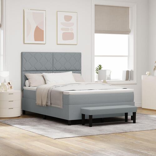 Box Spring Seng med Madras & Bænk Lysegrå 140x200 cm Stof