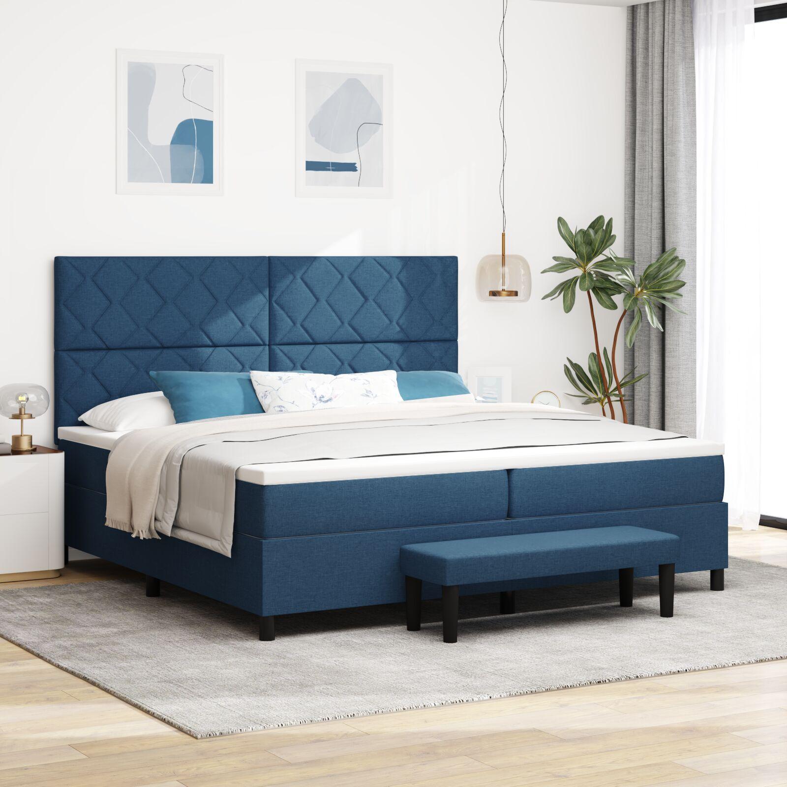 Box Spring Seng med Madras & Bænk Blå 200x200 cm Stof