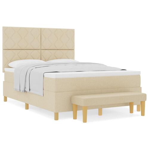 Box Spring Seng med Madras & Bænk Creme 140x190 cm Stof
