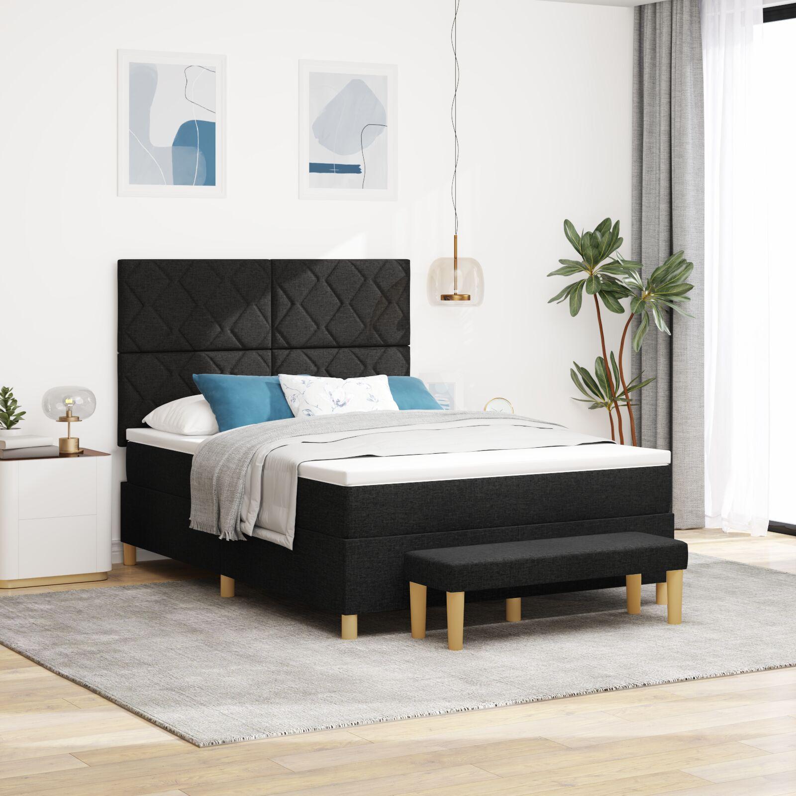 Kontinentalseng 140 x 200 cm med hovedgærde, madras og bænk - sort stof