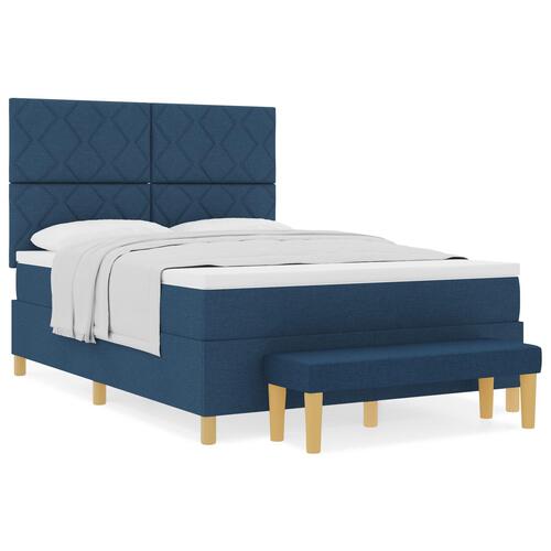 Box Spring Seng med Madras & Bænk Blå 160x200 cm Stof