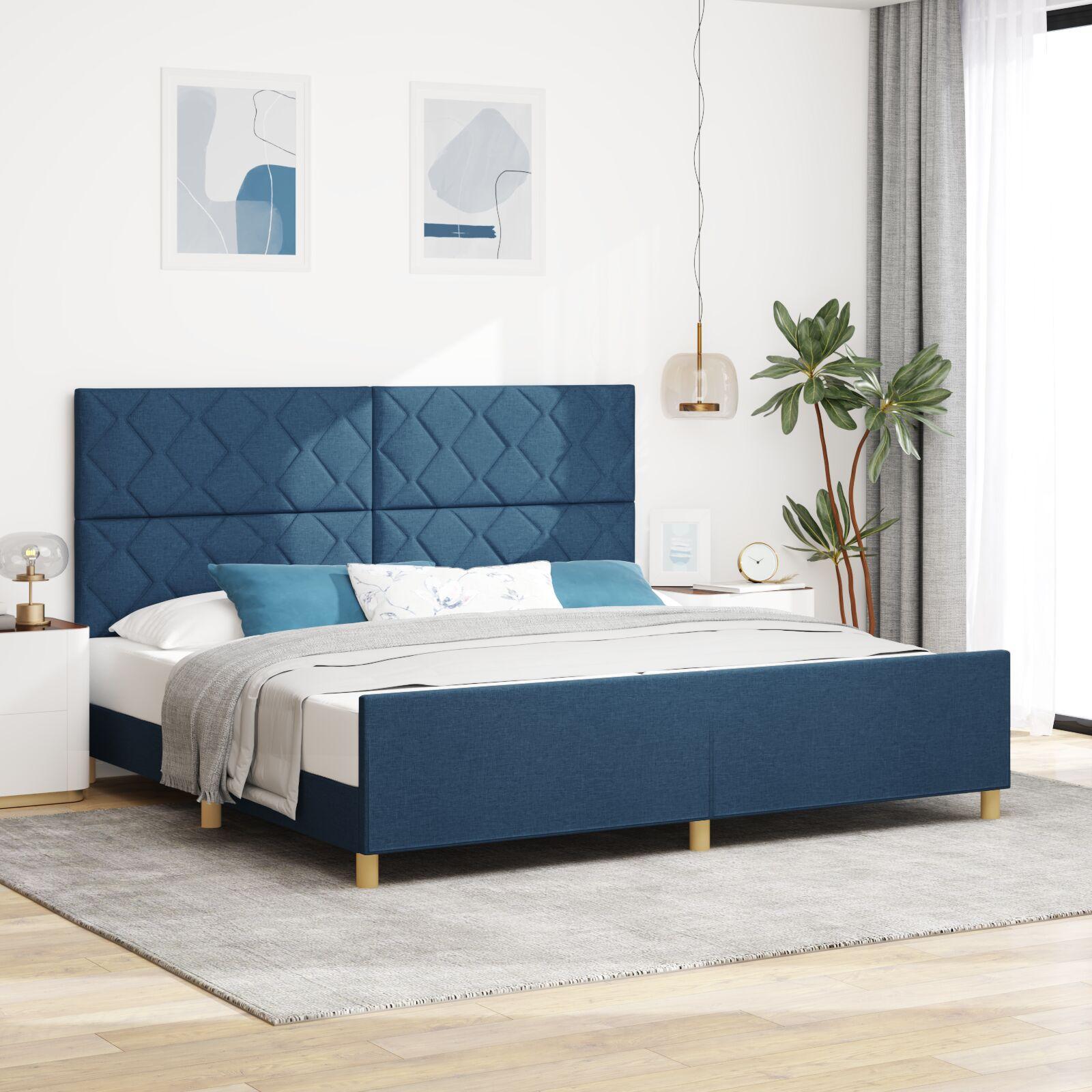 Sengestel med hovedgærde Blå 200 x 200 cm Stof billede