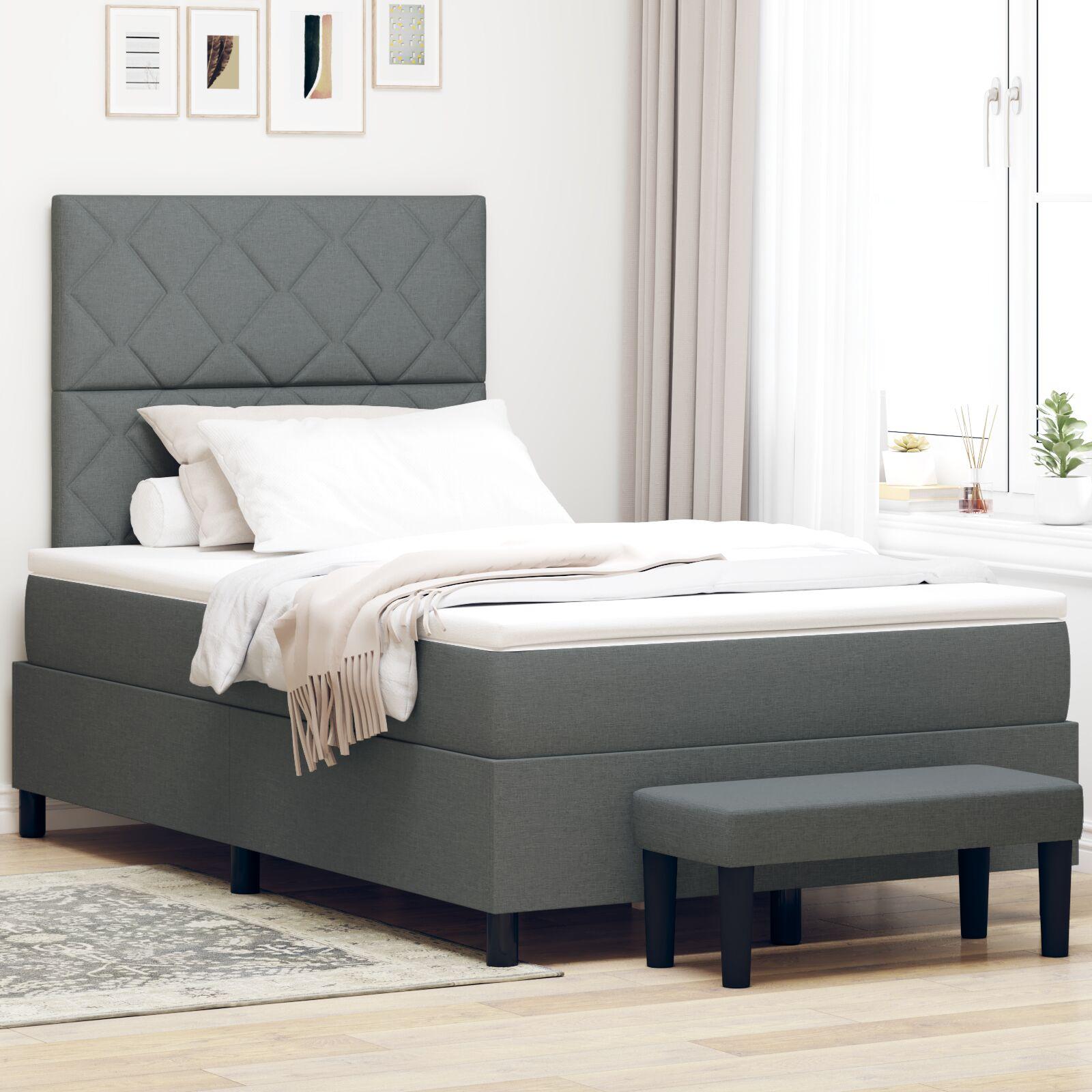 Box Spring Seng med Madras & Bænk Mørkegrå 120x190 cm Stof