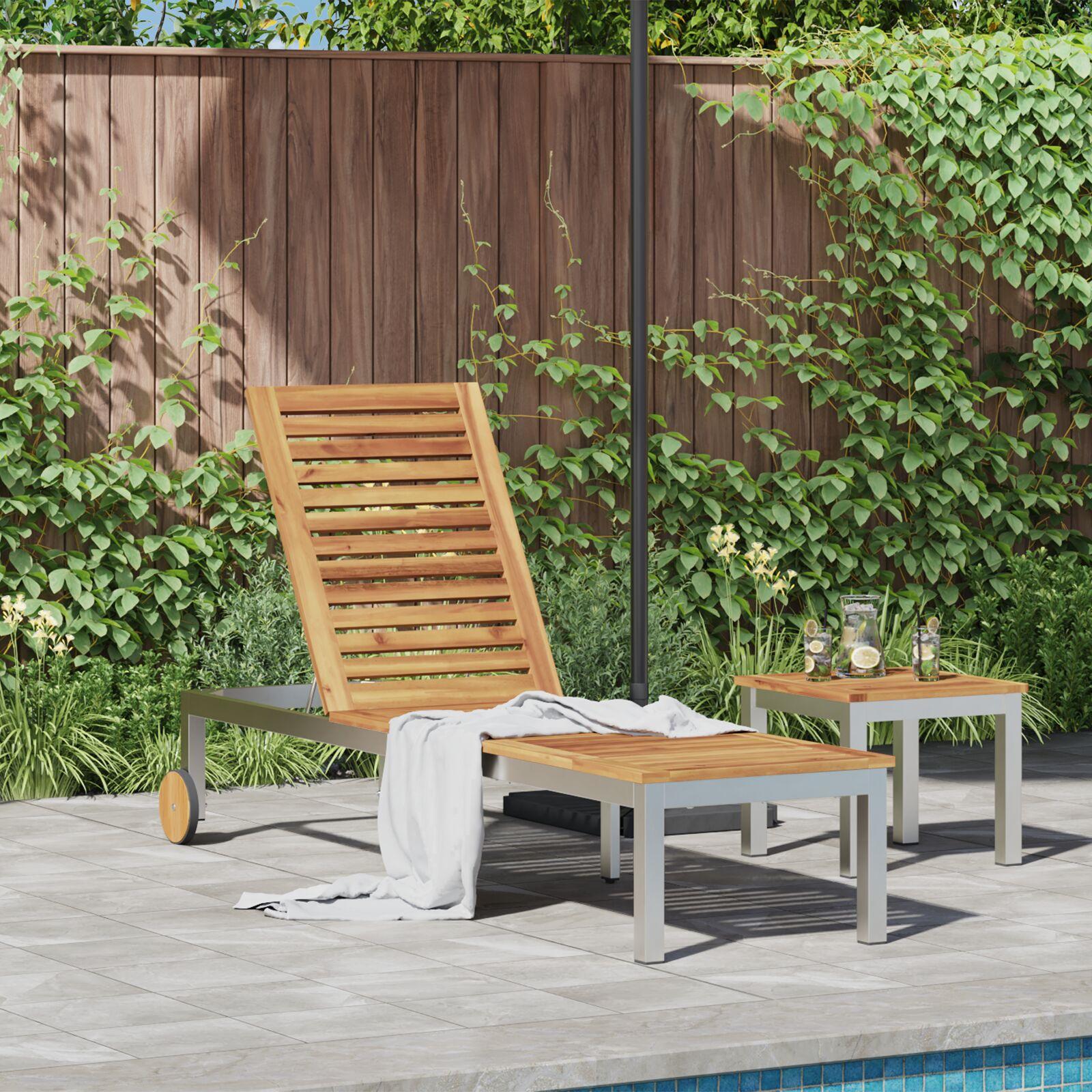 Solstol med hjul 207x58x35 cm Massivt akacietræ og rustfrit stål