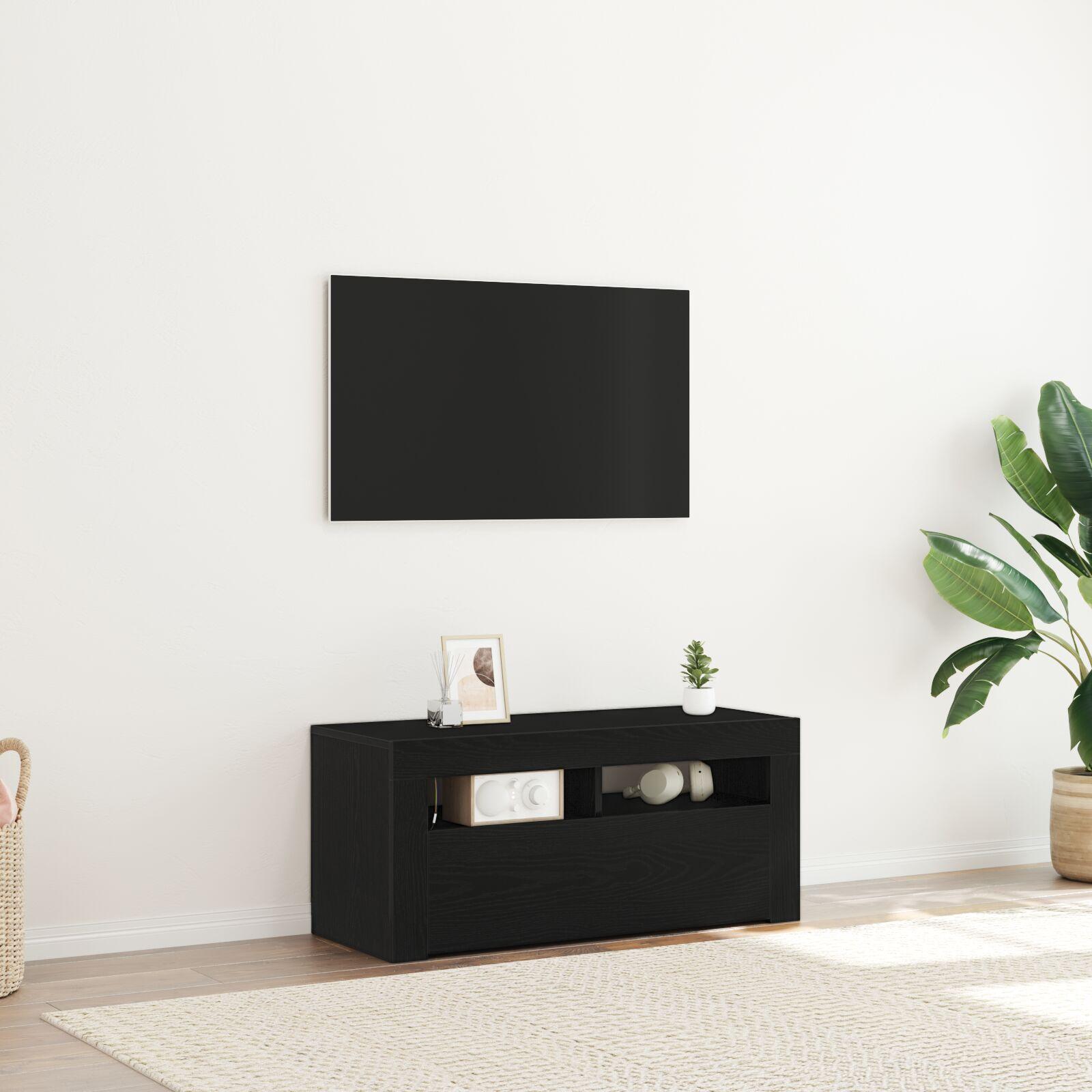 TV-skab med LED Sort Eg 90x35x40 cm Konstrueret træ