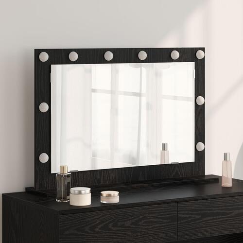 Spejl med LED Lys Sort egetræ Træ 80 x 55 x 18 cm Makeup Spejl