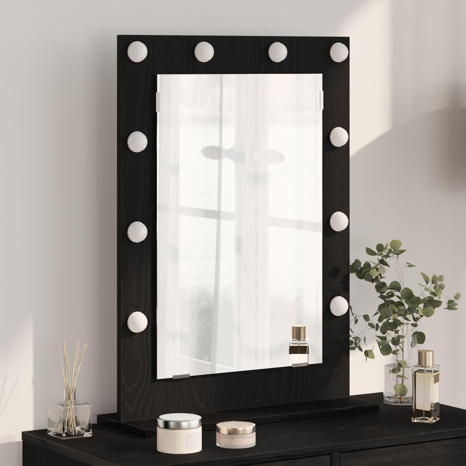 Badeværelsesspejl med LED-lamper Sort Eg 70x50x18 cm