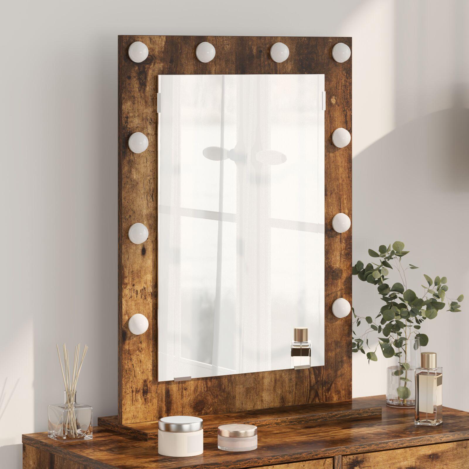 Vaskeskab Spejl med LED -strimmellys Røget eg 70 x 50 x 18 cm billede