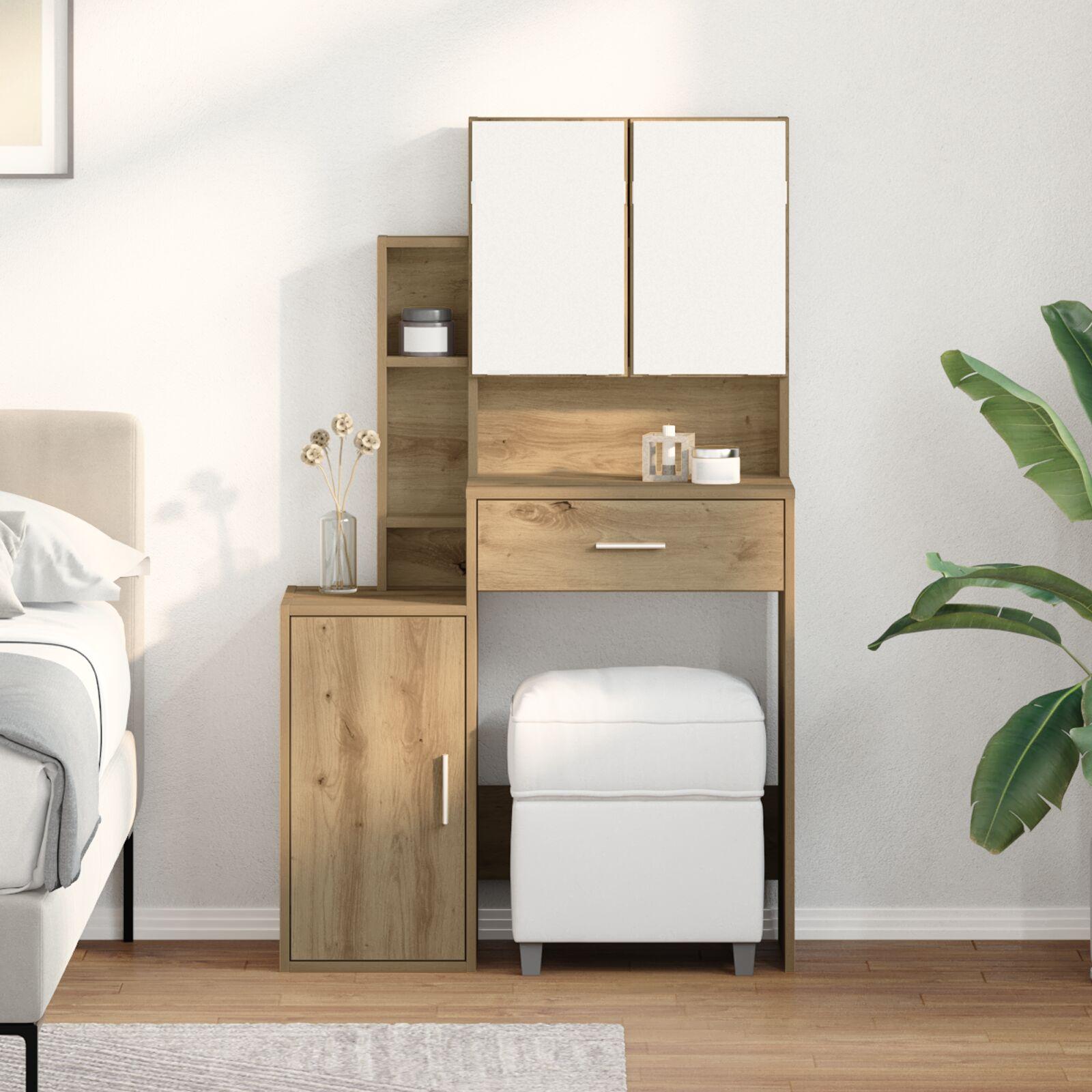 Makeupbord med Spejl og LED'er Artisan Eg Konstrueret Træ