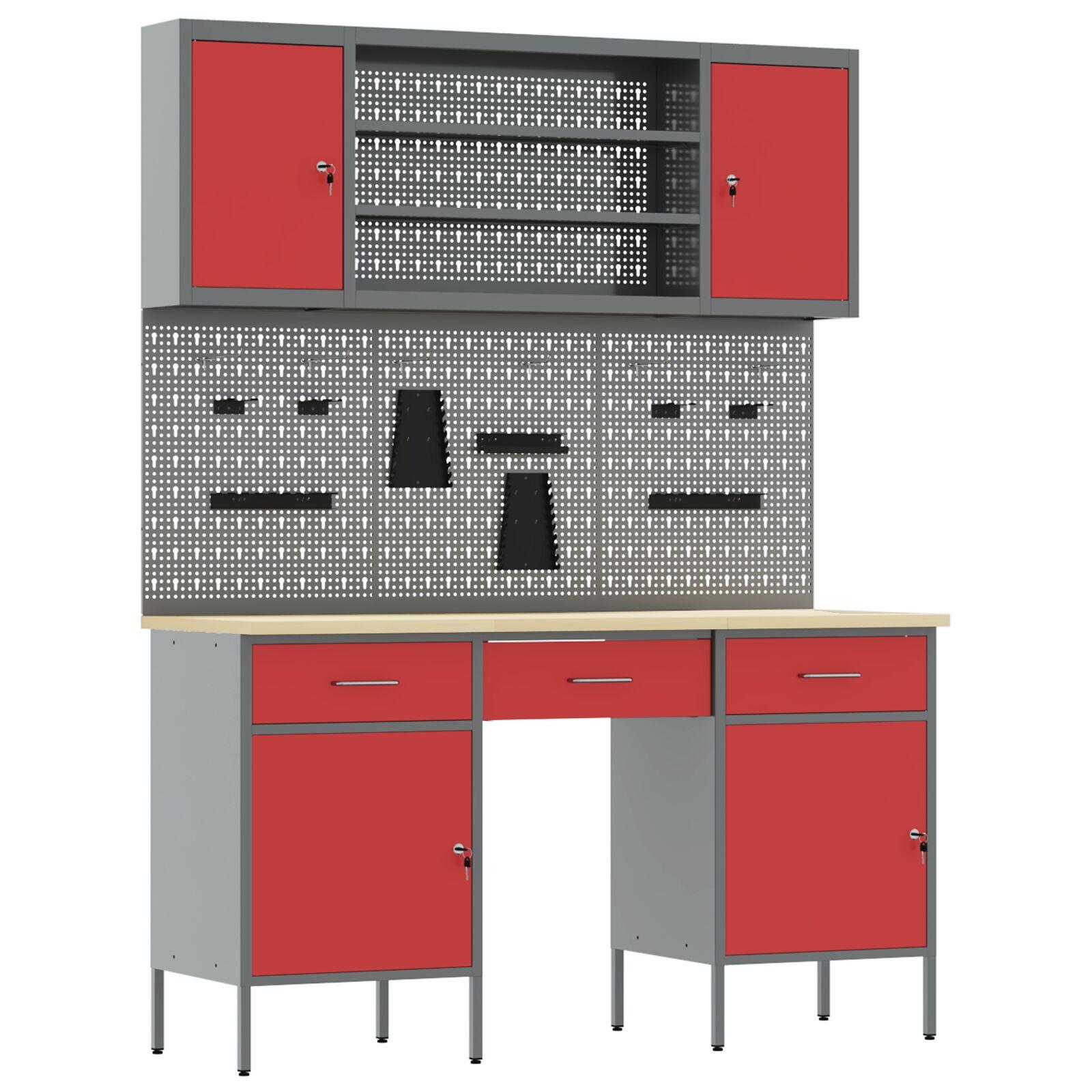 Arbejdsskab 7 dele i rød og grå med pegboard, ingeniørtræ og stål