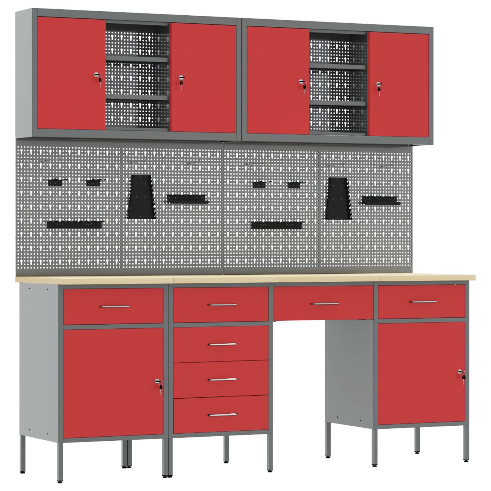Arbejdsskab med lås og 7 skuffer 200 x 55 x 200 cm rød i ingeniørtræ og stål