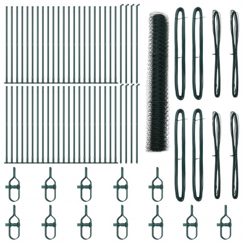 Hexagon hegn grøn 1,2x100 m stål, hegnspæle med baseplader 13 stk Ø32mm 68,5cm galvaniseret stål