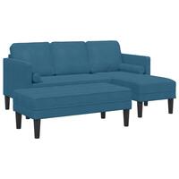 Have sofa med bænk og puder L-formet blå fløjl, L-formet sofa blå 173x131x67 cm fløjl, bænk blå 113x57x39 cm fløjl