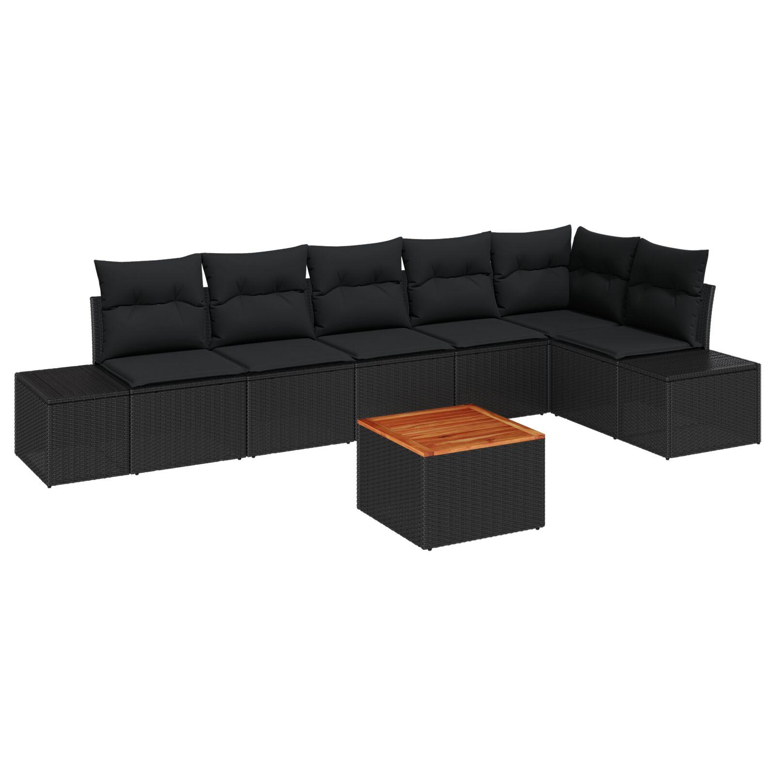 7 Stykke Have Sofa Sæt med Puder Sort Poly Rattan Acacia