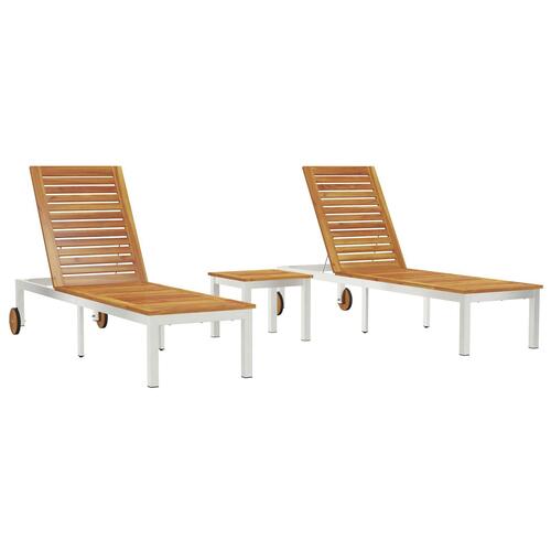 Solsenge 2 stk med bord i solidt akacietræ, solseng med hjul 207x58x35 cm solide akacietræ & rustfrit stål
