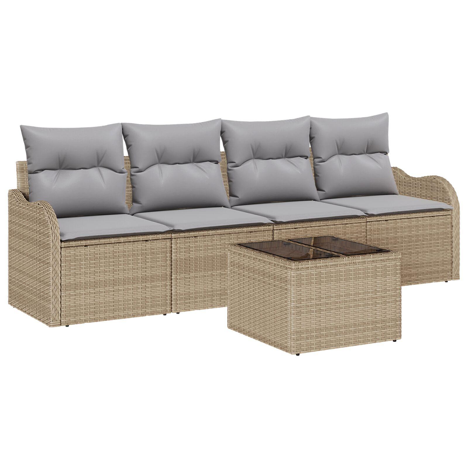 5 Stykker Havesofagruppe med Hynder Beige Poly Rattan,  2-personers Havesofa med Hynder Beige Poly Rattan