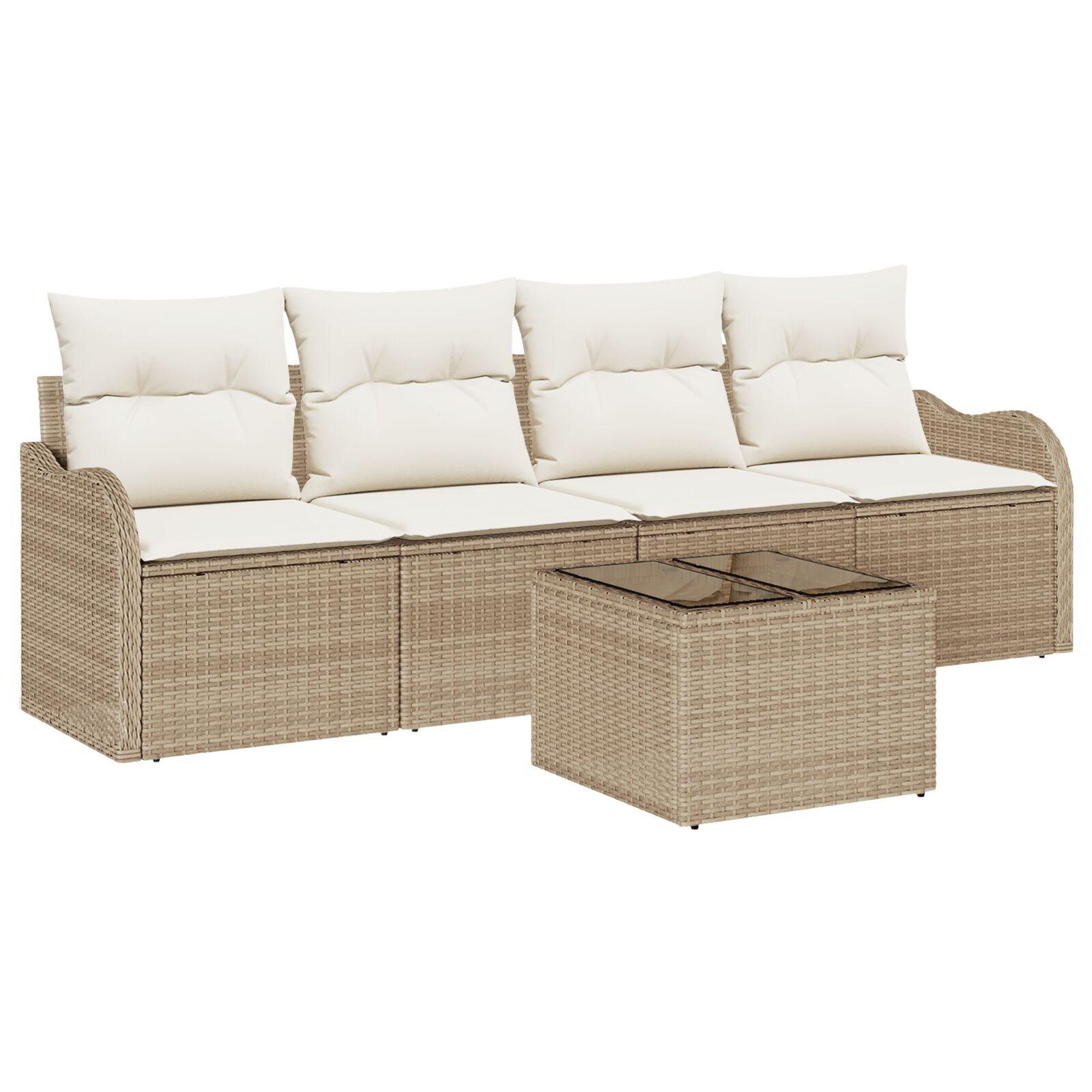 5 Stk Have Sofa Sæt med Puder Beige Poly Rattan,  2-Sæders Have Sofa med Puder Beige Poly Rattan