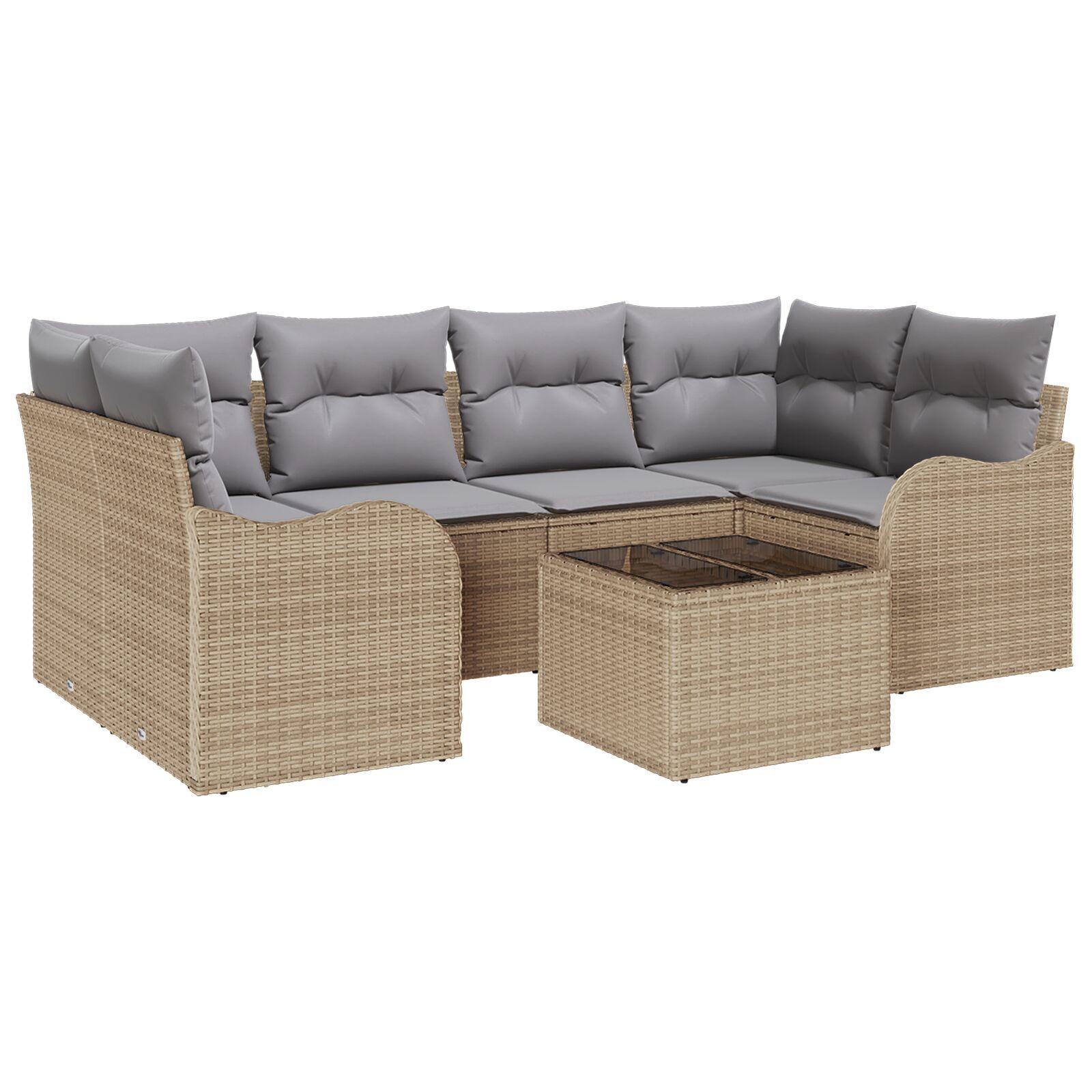 7-Personers Have Sofa Sæt med Puder - Beige Poly Rattan,  2-Personers Have Sofa med Puder - Beige Poly Rattan