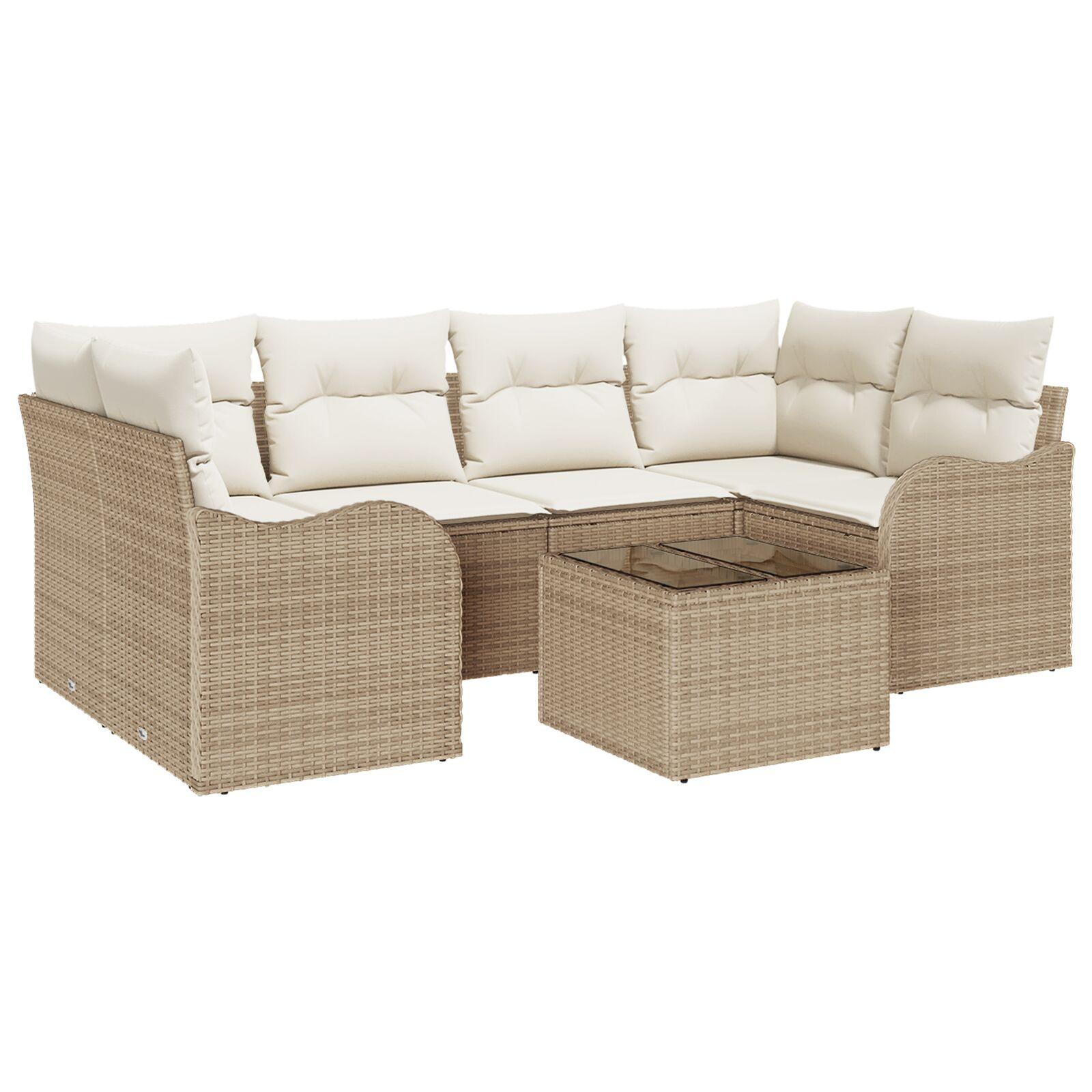 7-delers Have Sofa Sæt med Puder Beige Poly Rattan,  2-sæders Have Sofa med Puder Beige Poly Rattan