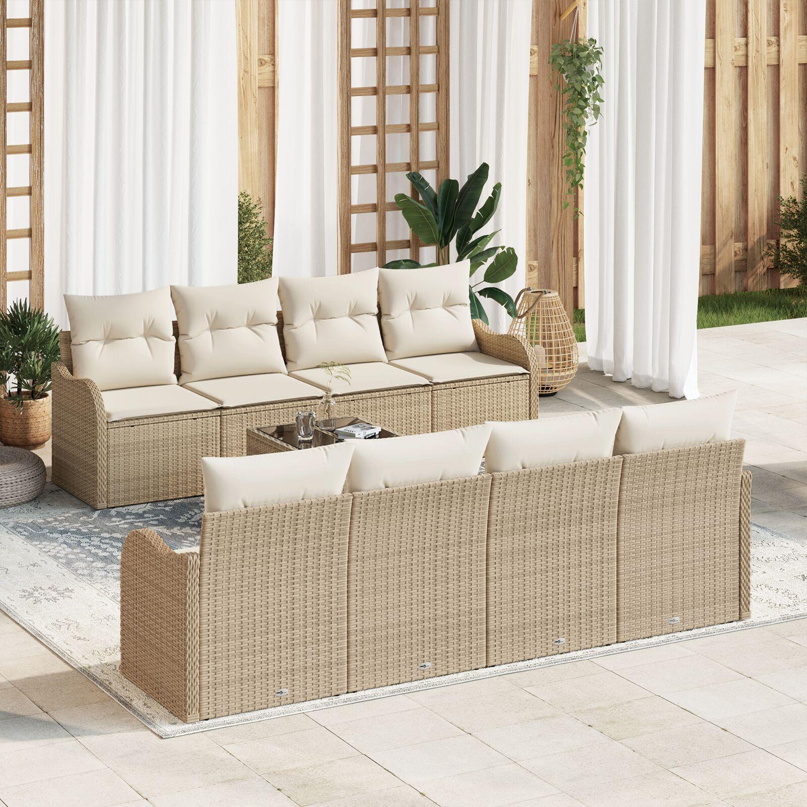 9 Pieces Have Sofa Sæt med Puder Beige Polyrattan,  2-personers Have Sofa med Puder Beige Polyrattan