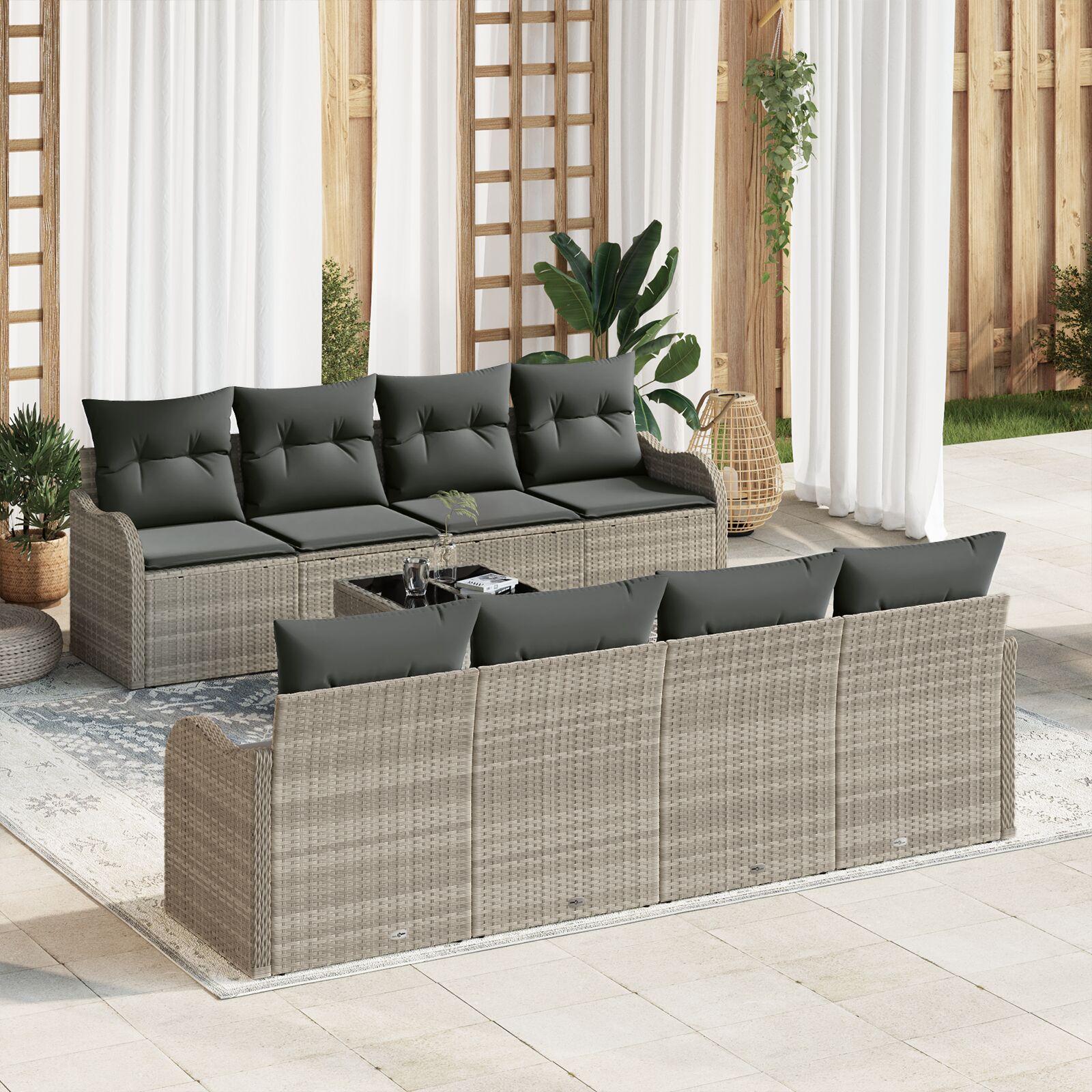 Havesofa Sæt med pude 9 stk Lysegrå 55 x 55 x 37 cm Poly rattan billede