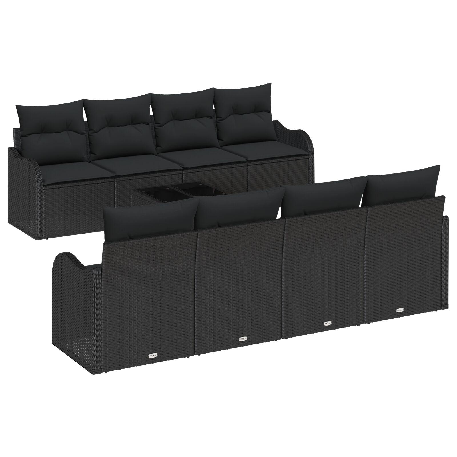 9 Stk Have Sofa Sæt med Puder Sort Poly Rattan,  2-sæders Have Sofa med Puder Sort Poly Rattan