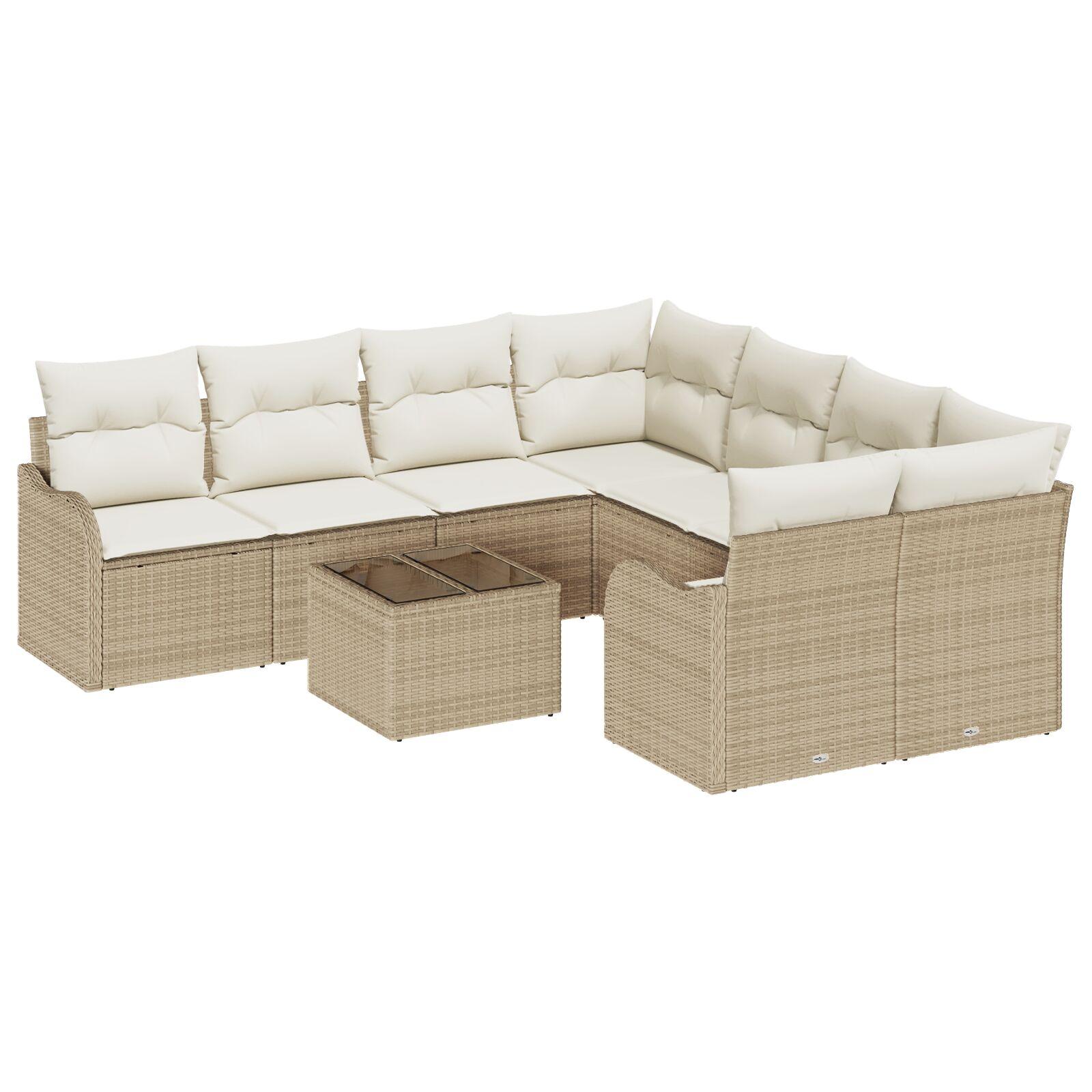 9 delt havesofa sæt med puder beige poly rattan,  2-sæders havesofa med puder beige poly rattan