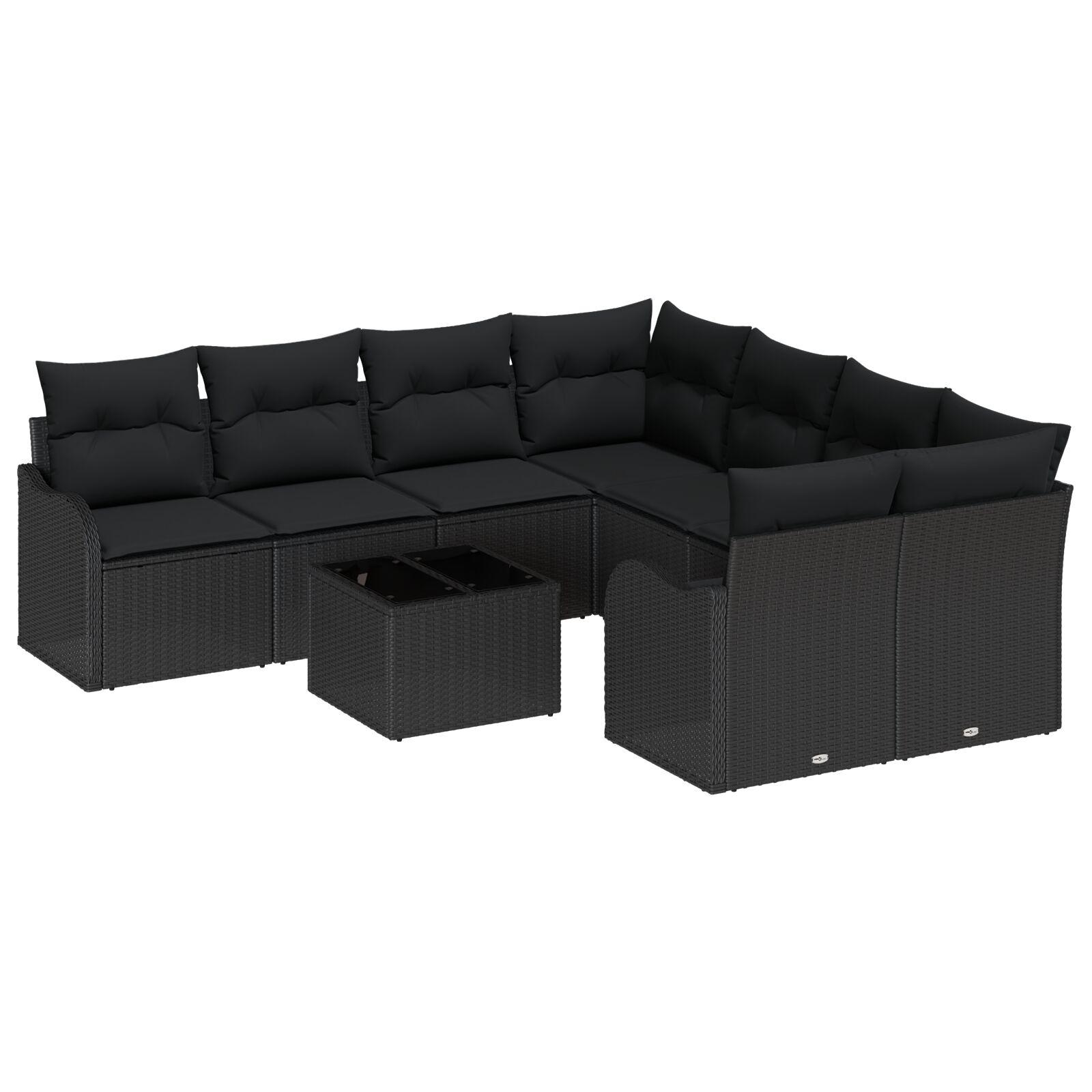 9 Deles Have Sofa Sæt med Puder Sort Poly Rattan,  2-personers Have Sofa med Puder Sort Poly Rattan