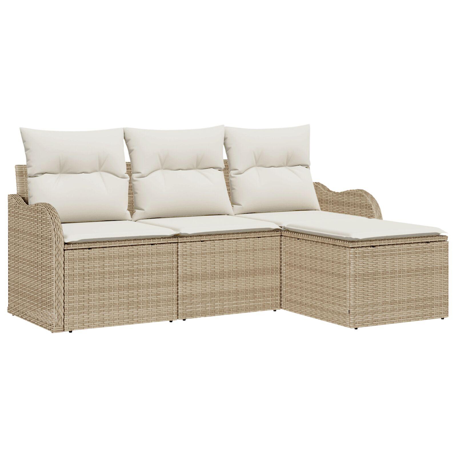 4-delt havesofa sæt med puder i beige poly rattan, 2-personers havesofa med puder i beige poly rattan