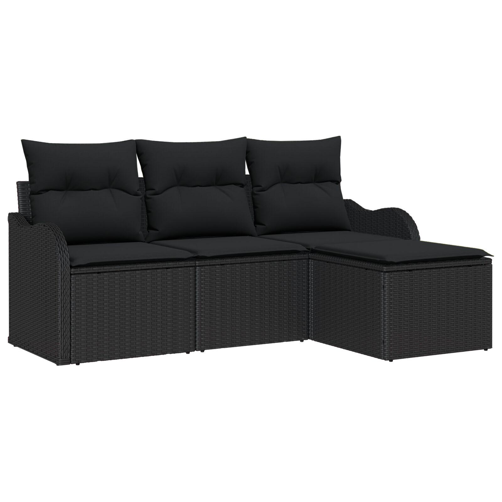 4 Stk Have Sofa Set med Puder Sort Poly Rattan,  2-Sæders Have Sofa med Puder Sort Poly Rattan