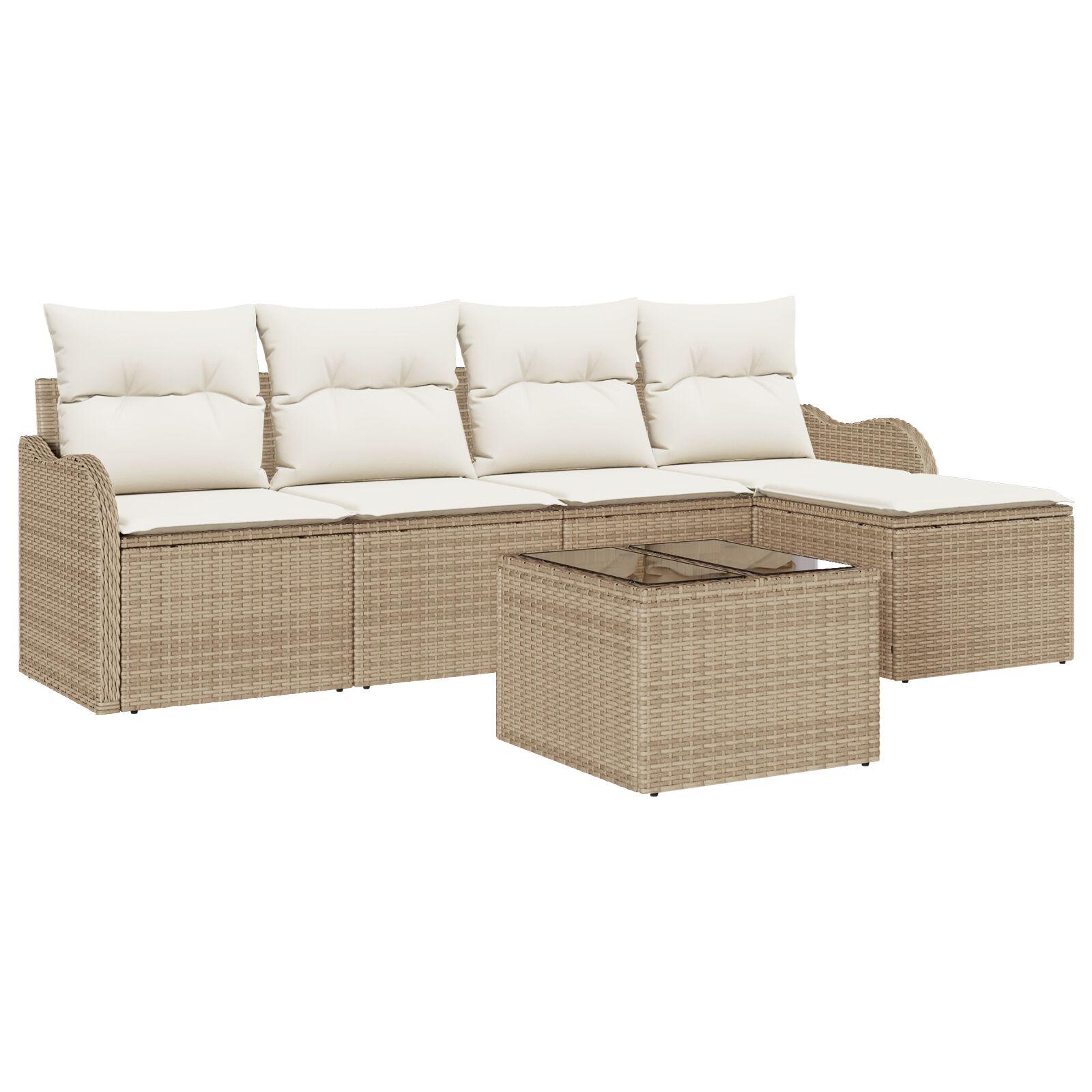 6 delers Have Sofa Sæt med Puder Brun Poly Rattan,  2-personers Have Sofa med Puder Beige Poly Rattan