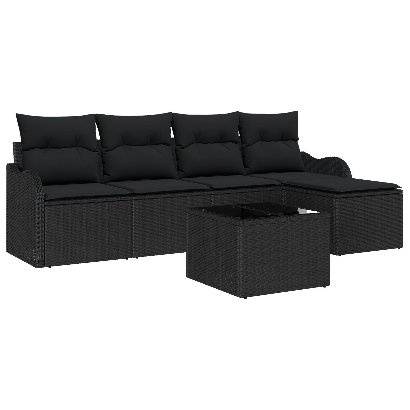 6 Delt Havesofa Set med Puder Beige Poly Rattan,  2-Personers Havesofa med Puder Sort Poly Rattan