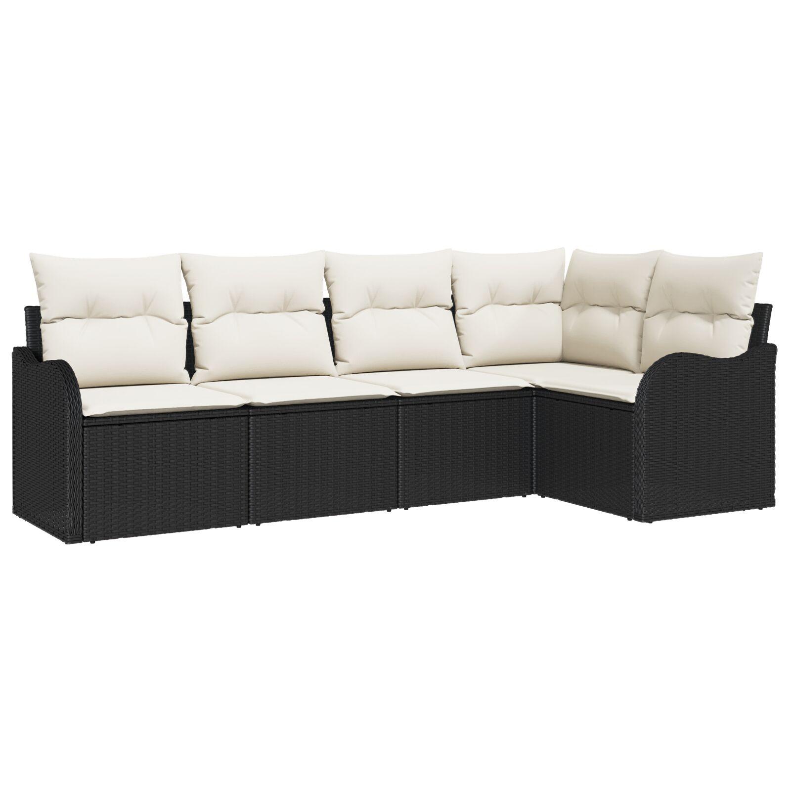 5 Stk Have Sofa Sæt med Puder Sort Poly Rattan,  2-Personers Have Sofa med Puder Sort Poly Rattan