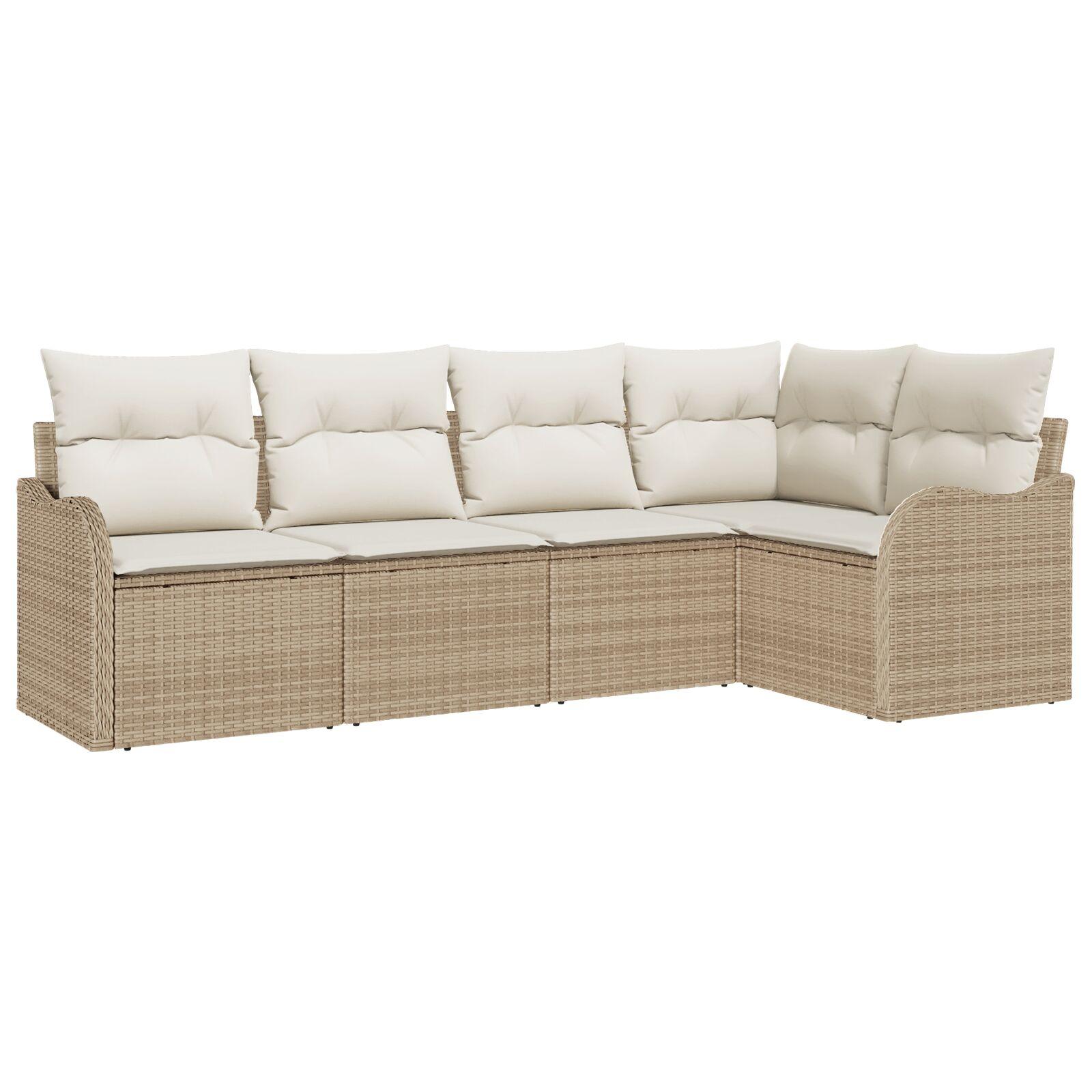 5 Delt Have Sofa Sæt med Puder i Beige Poly Rattan,  2-Personers Have Sofa med Puder i Beige Poly Rattan