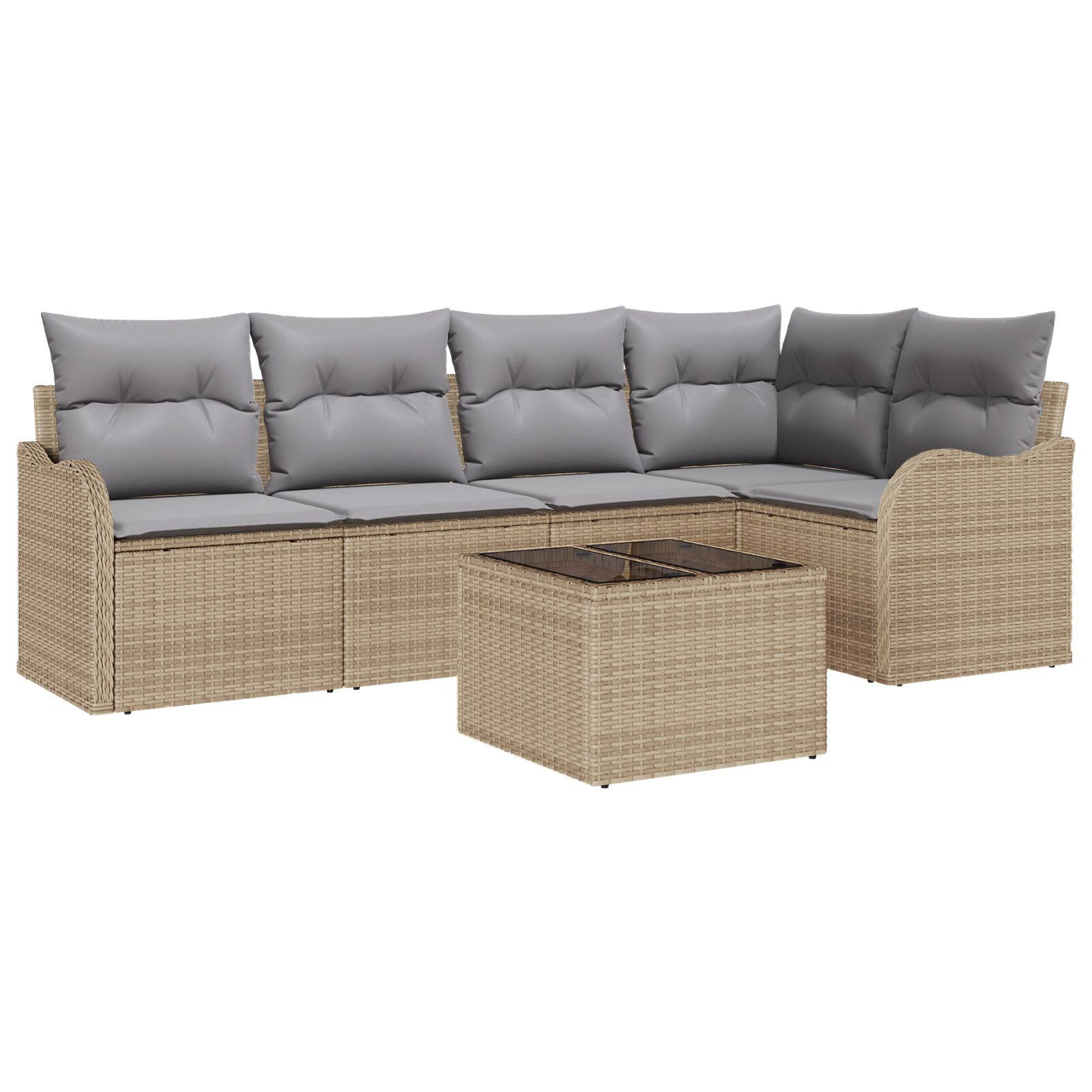 6 Delt Have Sofa Sæt med Puder Black Poly Rattan,  2-Sæders Have Sofa med Puder Beige Poly Rattan