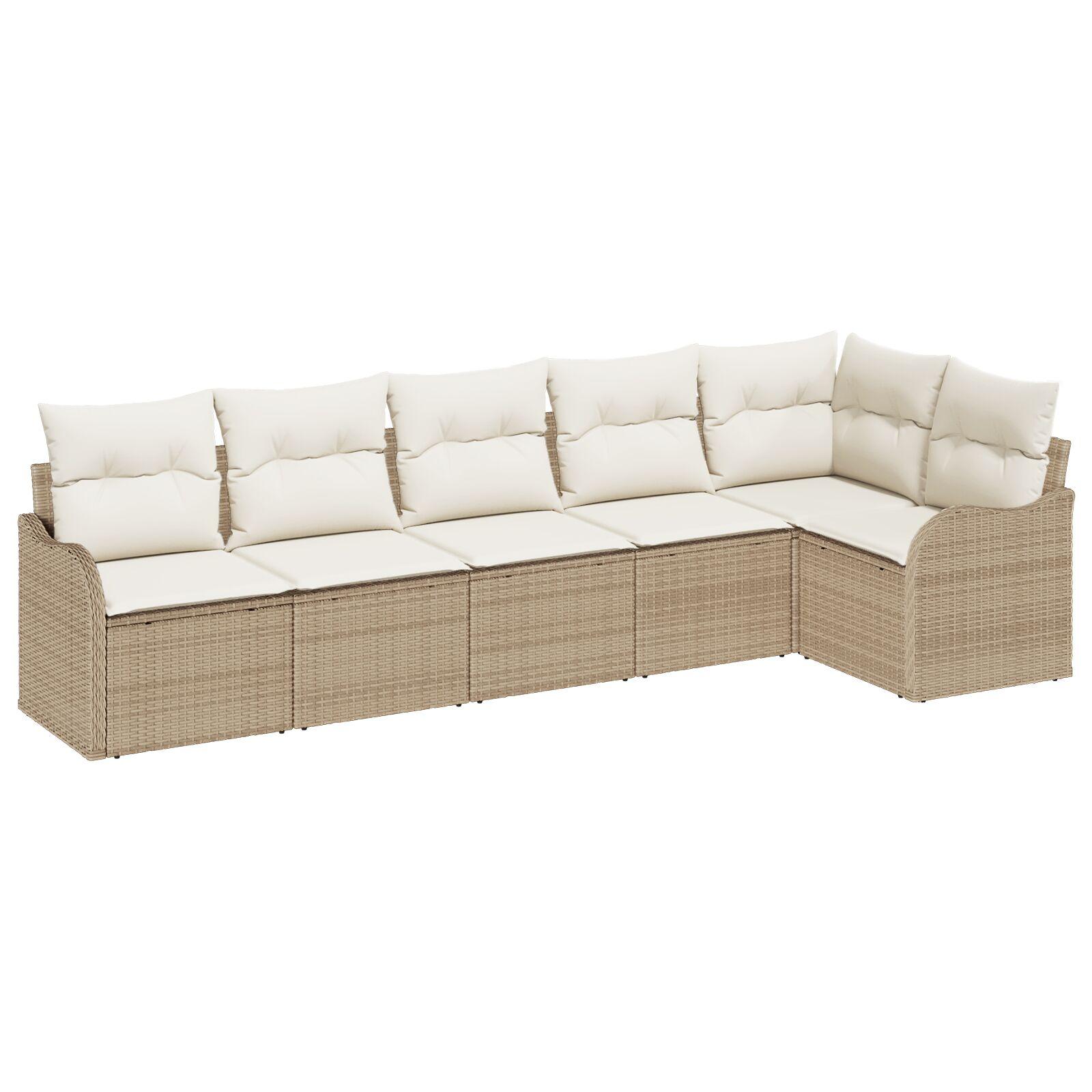 6 Stykke Have Sofa Sæt med Puder Beige Poly Rattan,  2-Personers Have Sofa med Puder Beige Poly Rattan