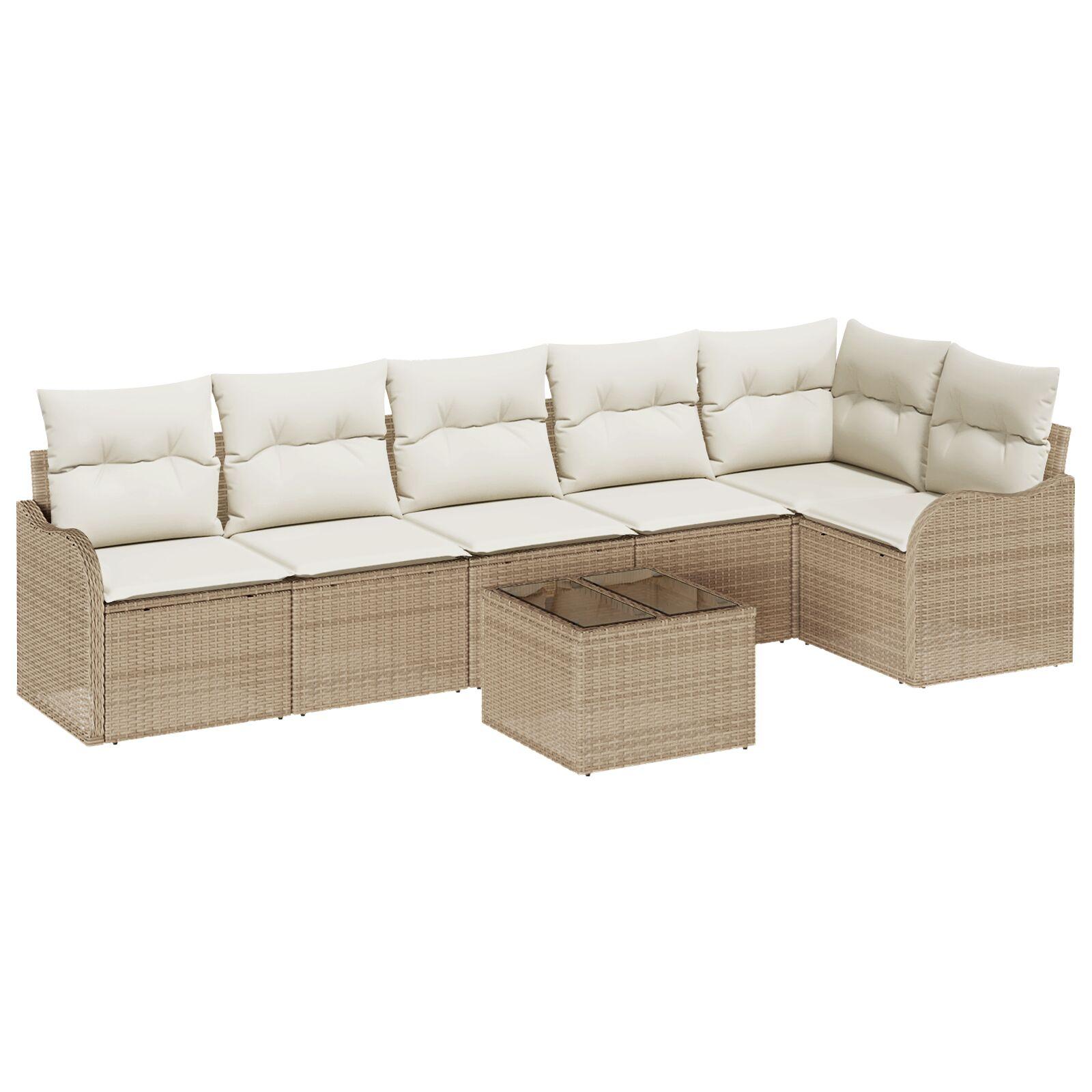 7 Pieces Have Sofa Sæt med Puder Brun Poly Rattan,  2-Personers Have Sofa med Puder Beige Poly Rattan