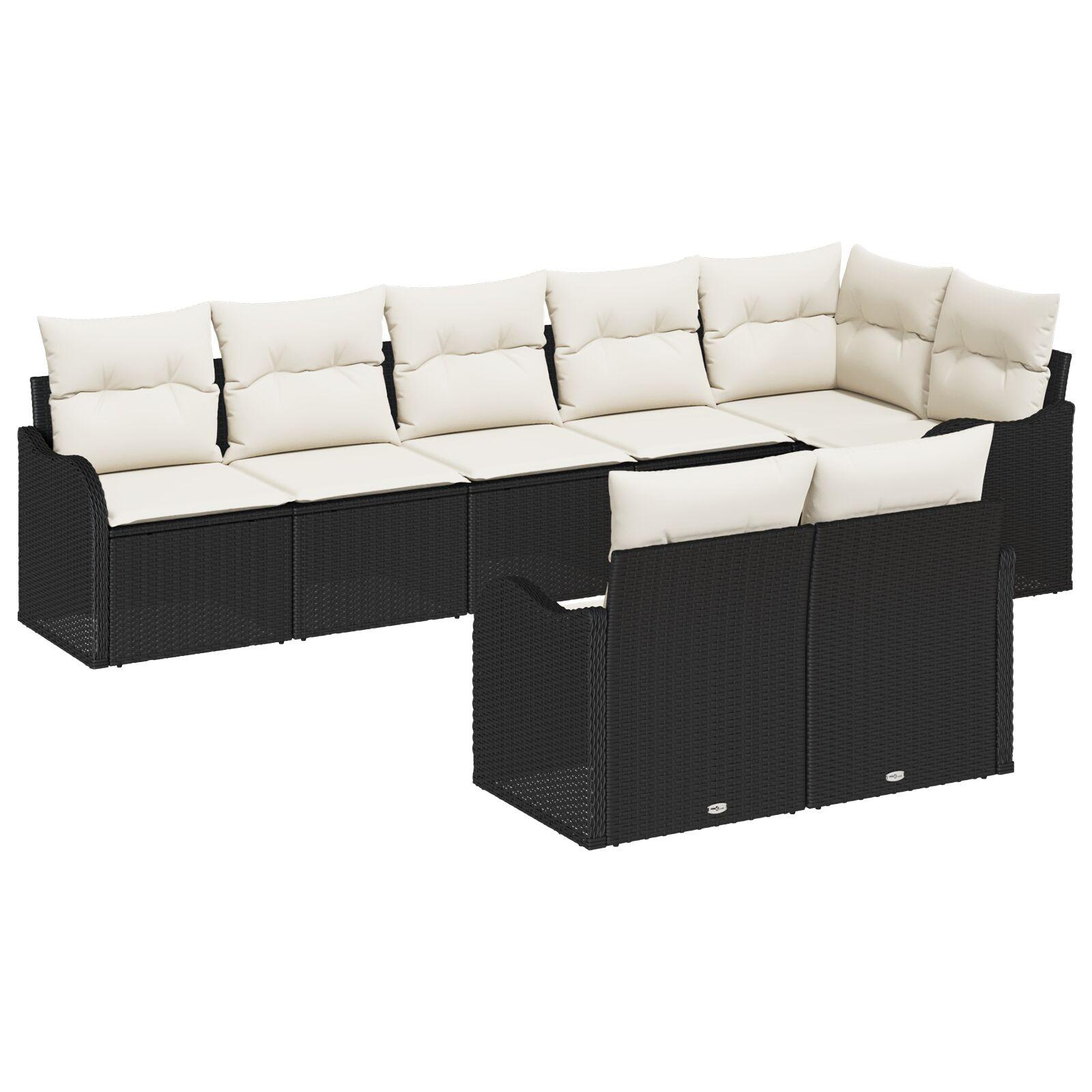 8 Piece Havelounge Sæt med Puder Sort Poly Rattan,  2-Personers Havelounge med Puder Sort Poly Rattan