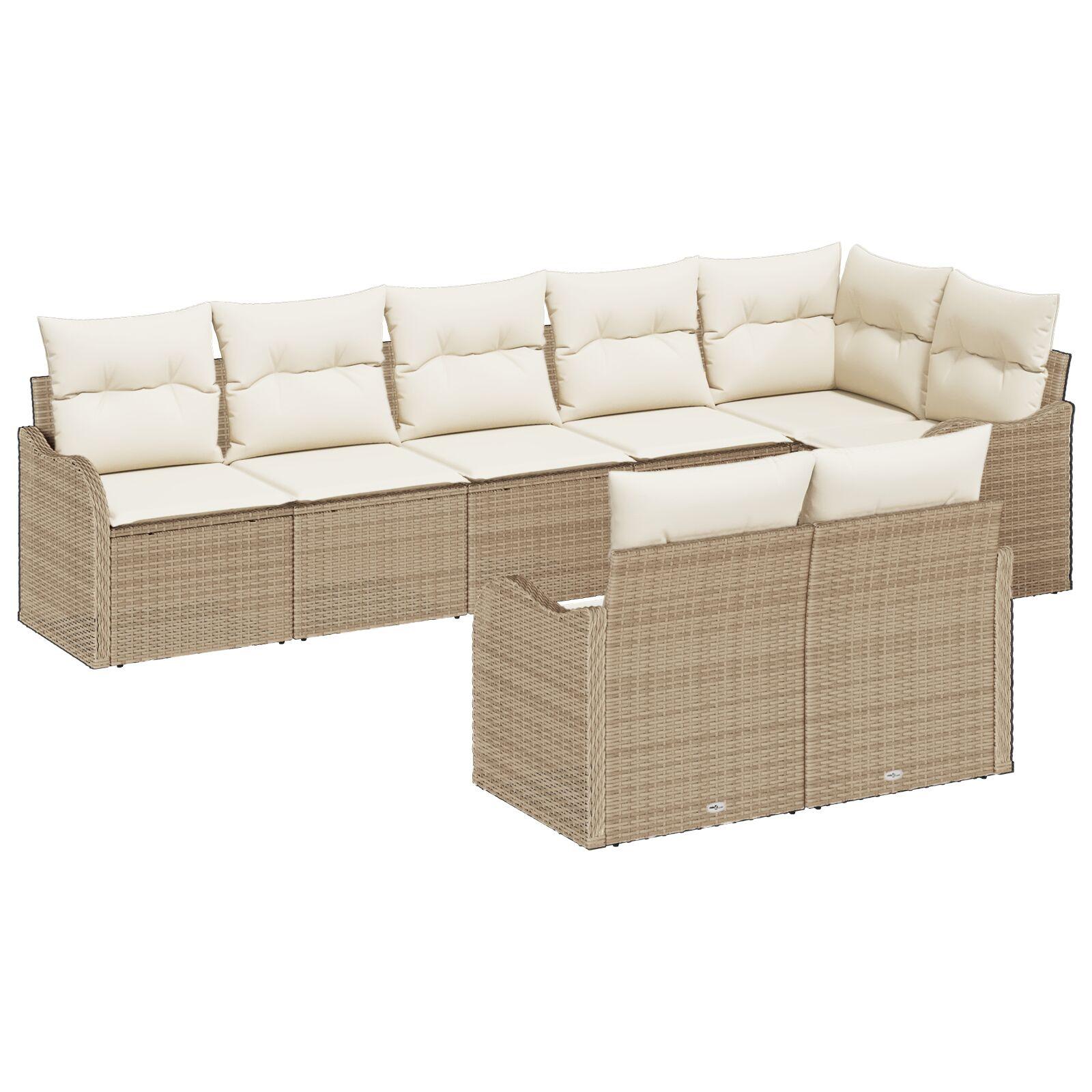 8 Stk Have Sofa Sæt med Puder Beige Poly Rattan,  2-personers Have Sofa med Puder Beige Poly Rattan
