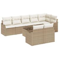 9-delt Havemøbel Sofa Sæt med Puder Brun Poly Rattan, 2-sæders Havemøbel Sofa med Puder Beige Poly Rattan
