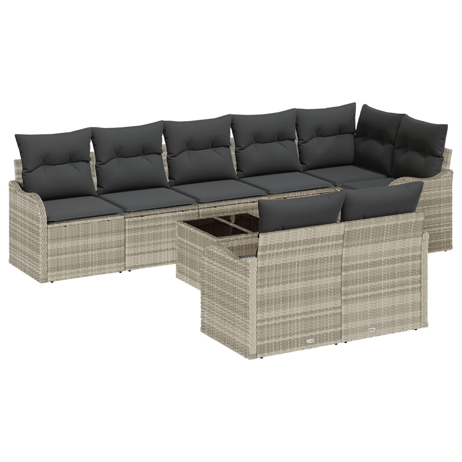 9 Stk Have Sofa Sæt med Puder Grå Poly Rattan, 2-personers Have Sofa med Puder Lysegrå Poly Rattan
