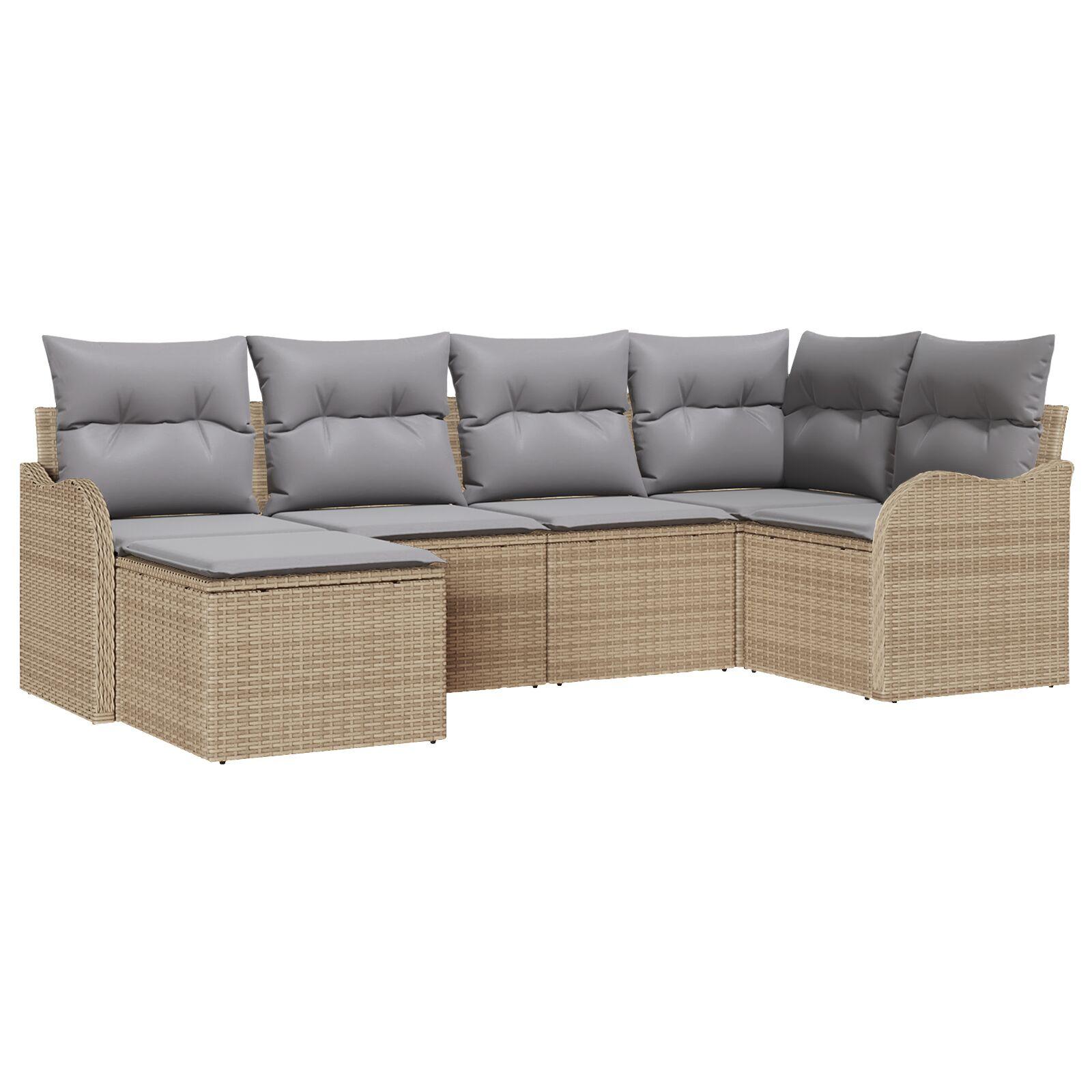 6 delers havensofa sæt med puder beige poly rattan,  2-personers havensofa med puder beige poly rattan